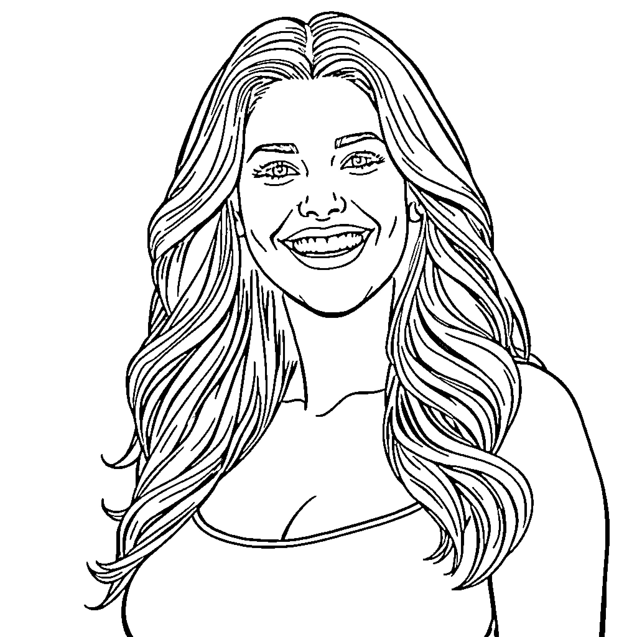 Kate Upton smiling with long flowing hair Coloring Page (free black-and-white line drawing printable PDF for all, from beginners to advanced learners, including children, teens, adults, and seniors)