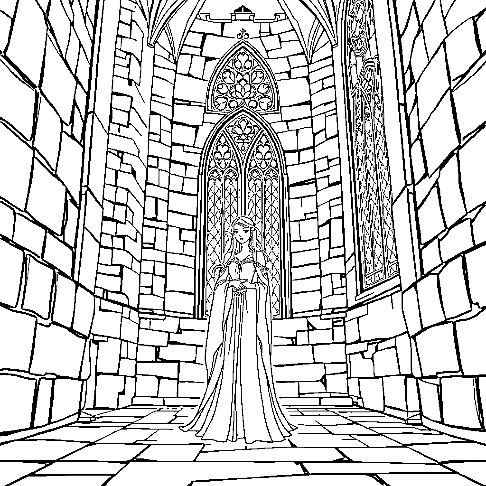 Elisa's Journey Through the Gothic Cathedral Coloring Page (free black-and-white line drawing printable PDF for all, from beginners to advanced learners, including children, teens, adults, and seniors)