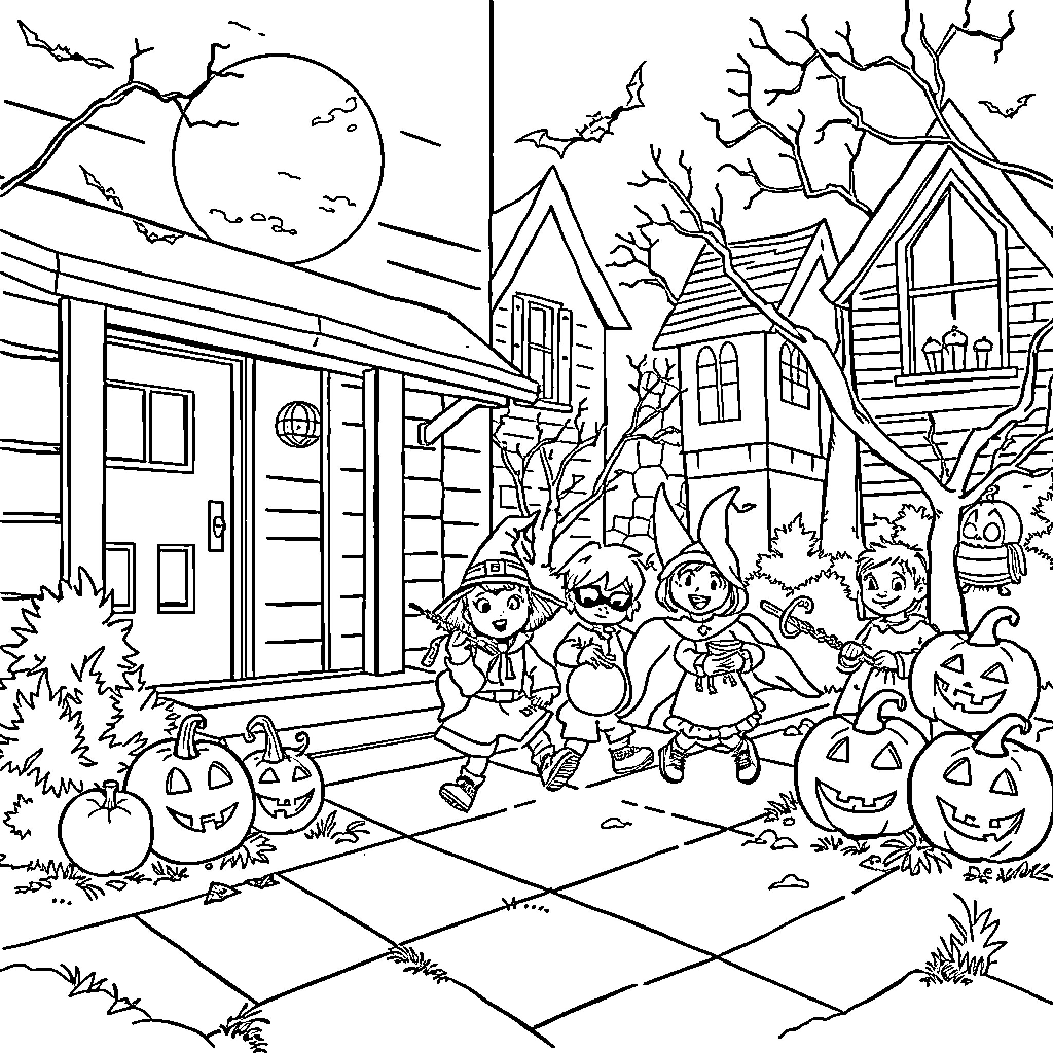 Halloween Trick-or-Treating at the Neighborhood Coloring Page (free black-and-white line drawing printable PDF for all, from beginners to advanced learners, including children, teens, adults, and seniors)