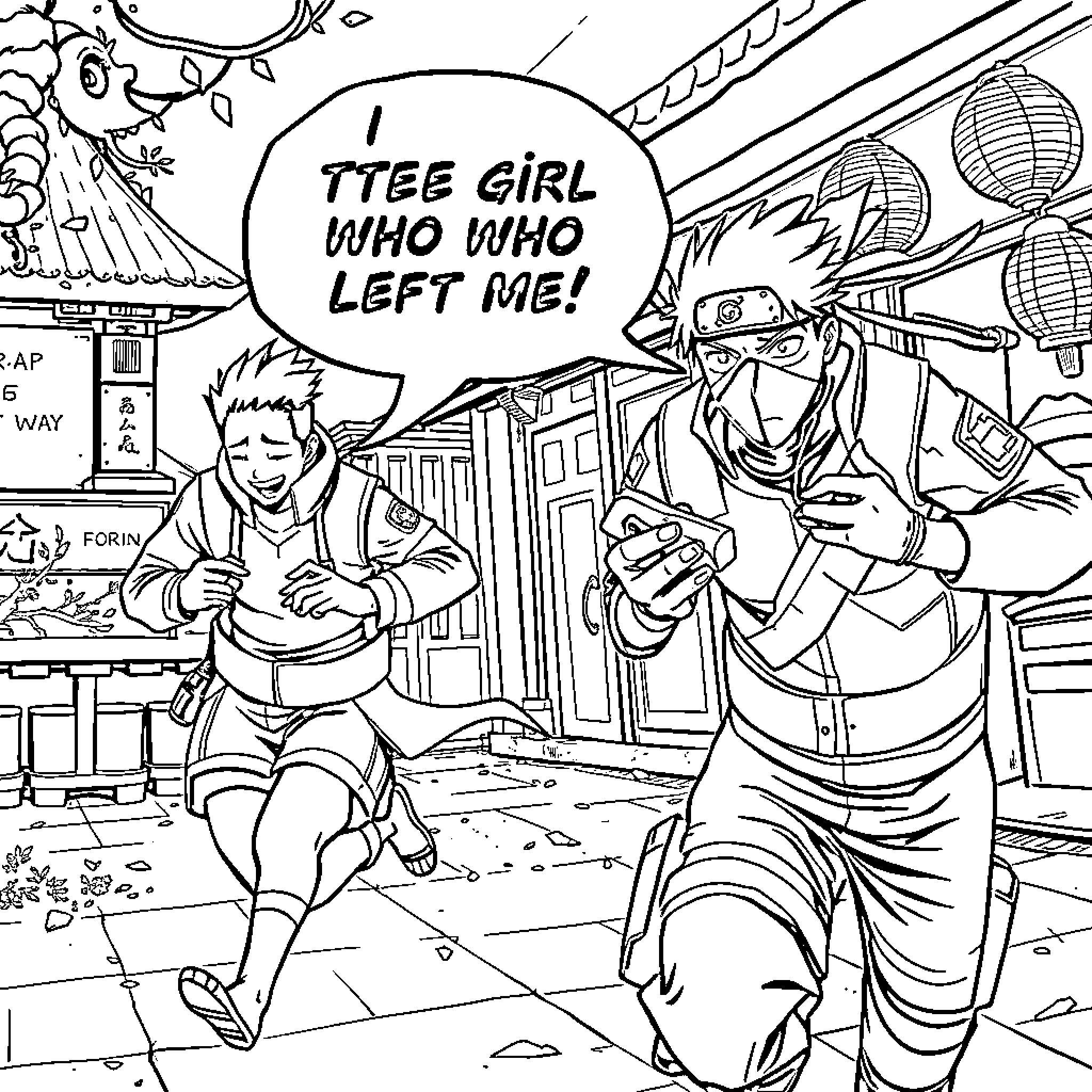 Kakashi Confronts Tree Girl Who Left Him Coloring Page (free black-and-white line drawing printable PDF for all, from beginners to advanced learners, including children, teens, adults, and seniors)