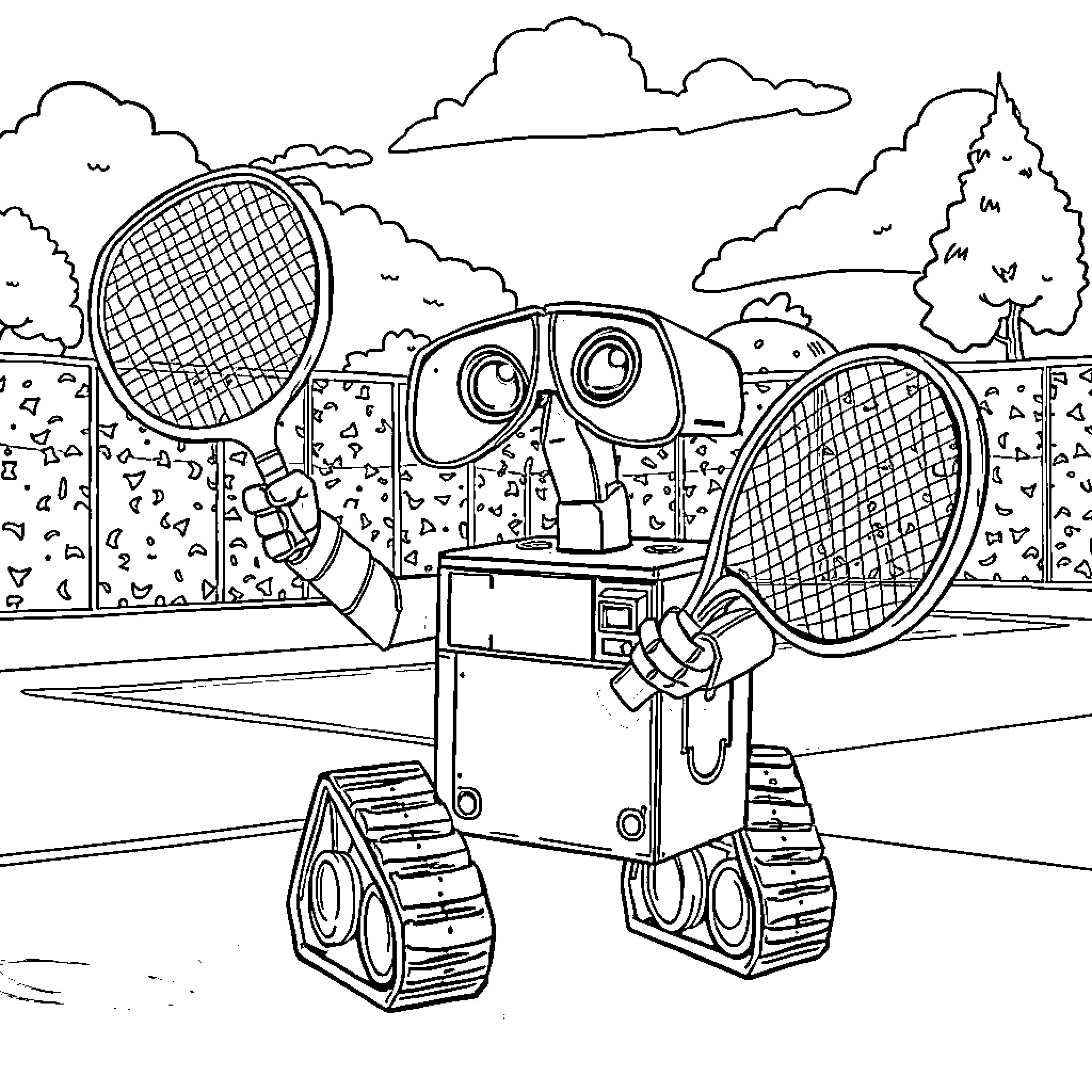 Wall-E playing tennis on a sunny day Coloring Page (free black-and-white line drawing printable PDF for all, from beginners to advanced learners, including children, teens, adults, and seniors)