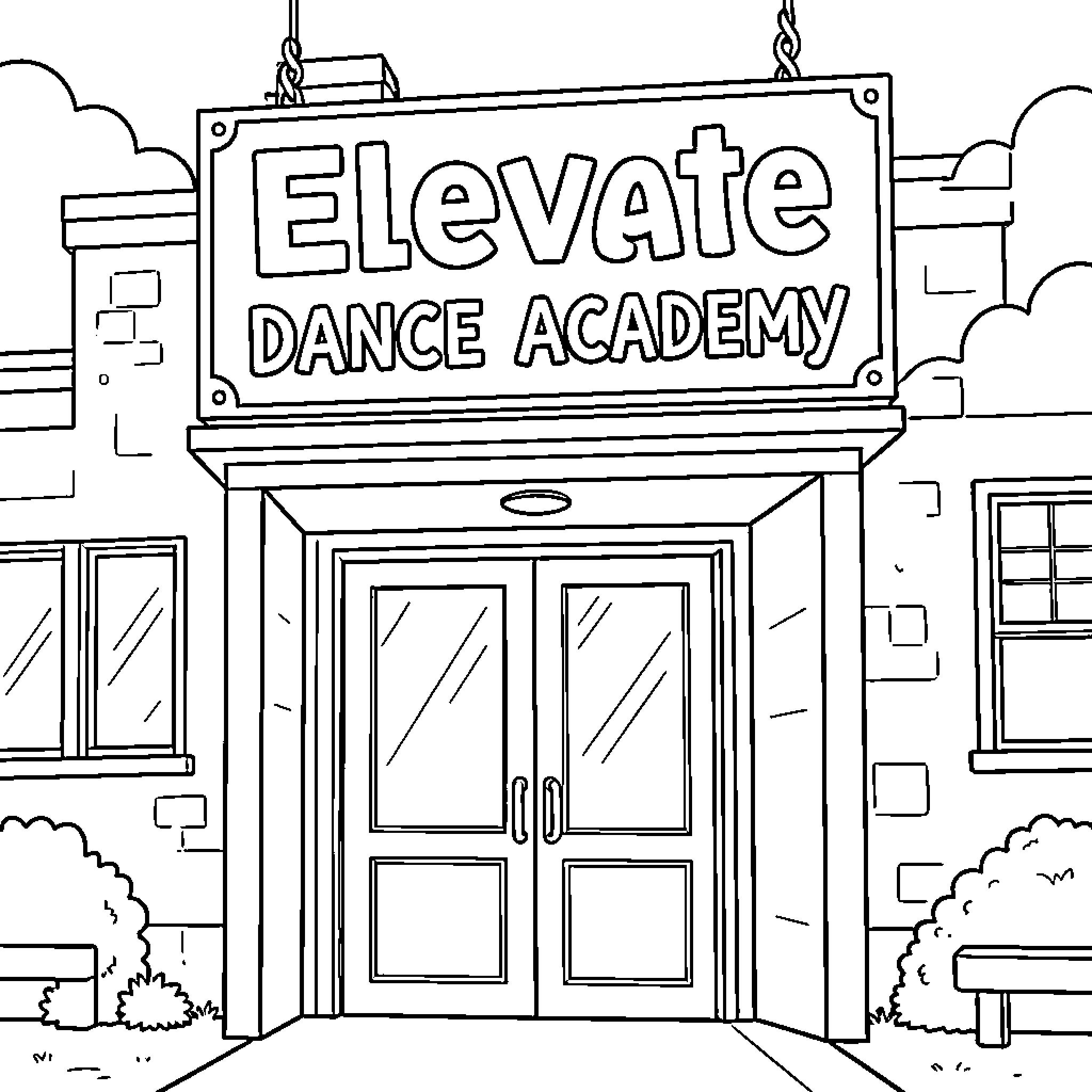 Sign for Elevate Dance Academy Coloring Page (free black-and-white line drawing printable PDF for all, from beginners to advanced learners, including children, teens, adults, and seniors)