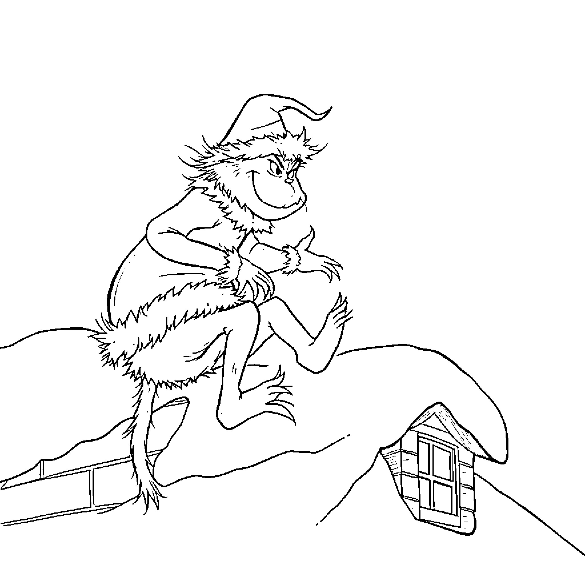 Grinch dashing through the snowy scene Coloring Page (free black-and-white line drawing printable PDF for all, from beginners to advanced learners, including children, teens, adults, and seniors)