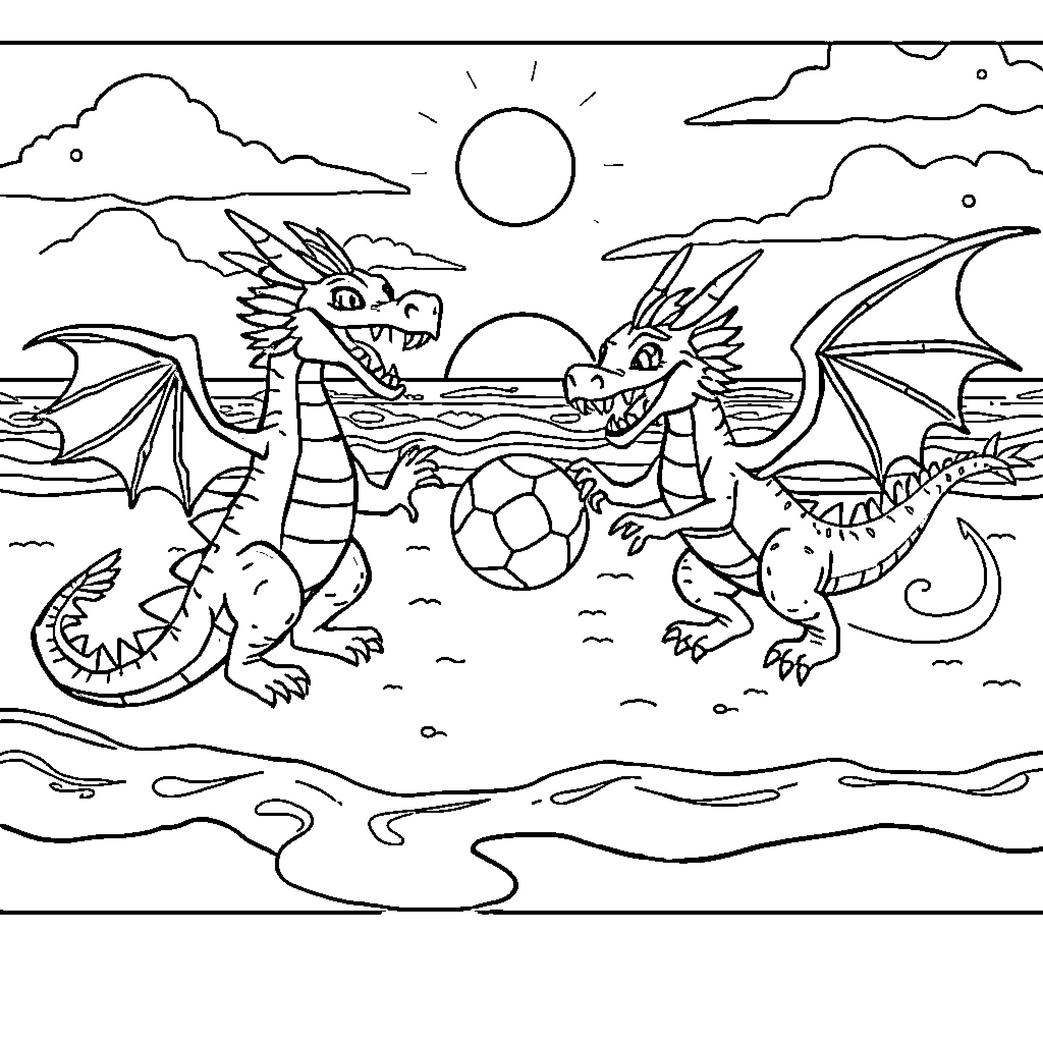 Dragons playing happily on the beach Coloring Page (free black-and-white line drawing printable PDF for all, from beginners to advanced learners, including children, teens, adults, and seniors)