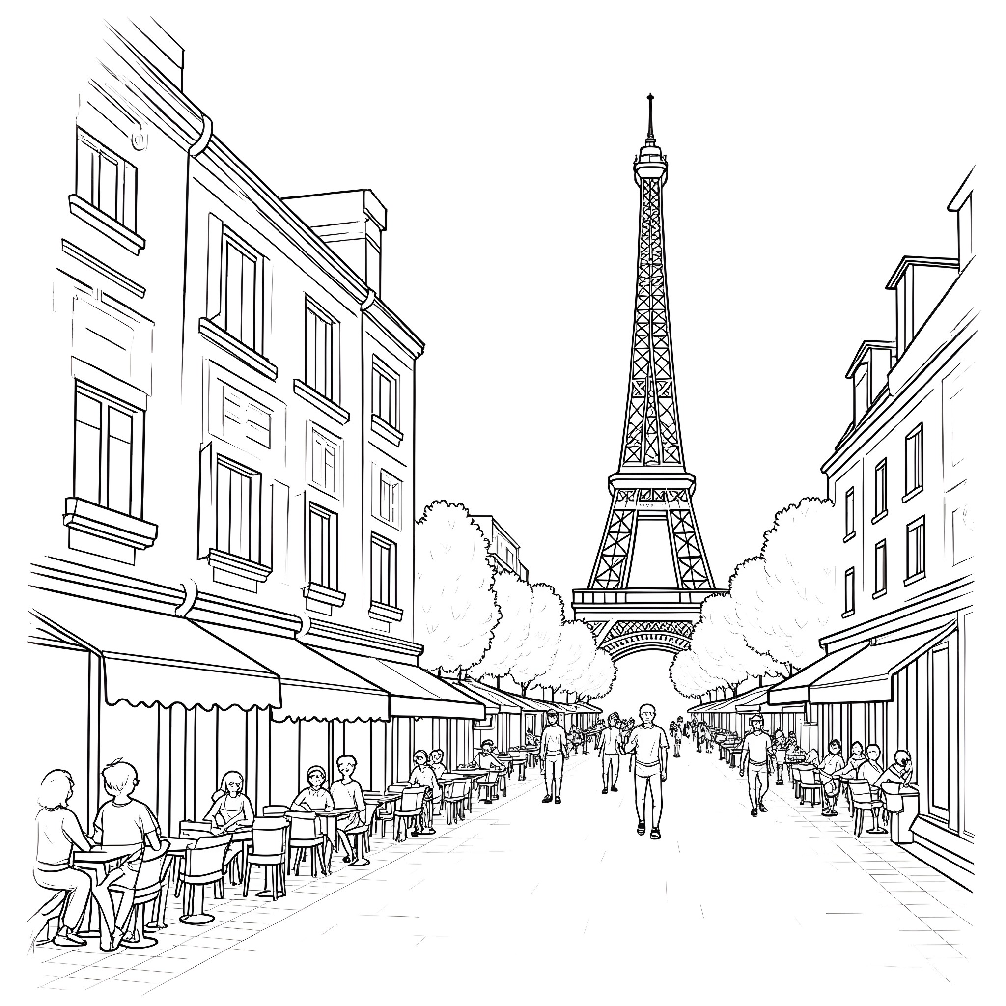 Street scene with Eiffel Tower and busy cafe Coloring Page (free black-and-white line drawing printable PDF for all, from beginners to advanced learners, including children, teens, adults, and seniors)