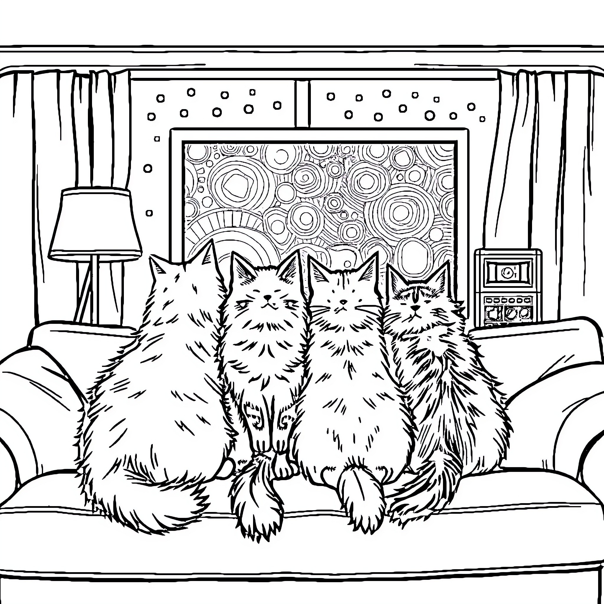 Cat family relaxing on the couch Coloring Page (free black-and-white line drawing printable PDF for all, from beginners to advanced learners, including children, teens, adults, and seniors)