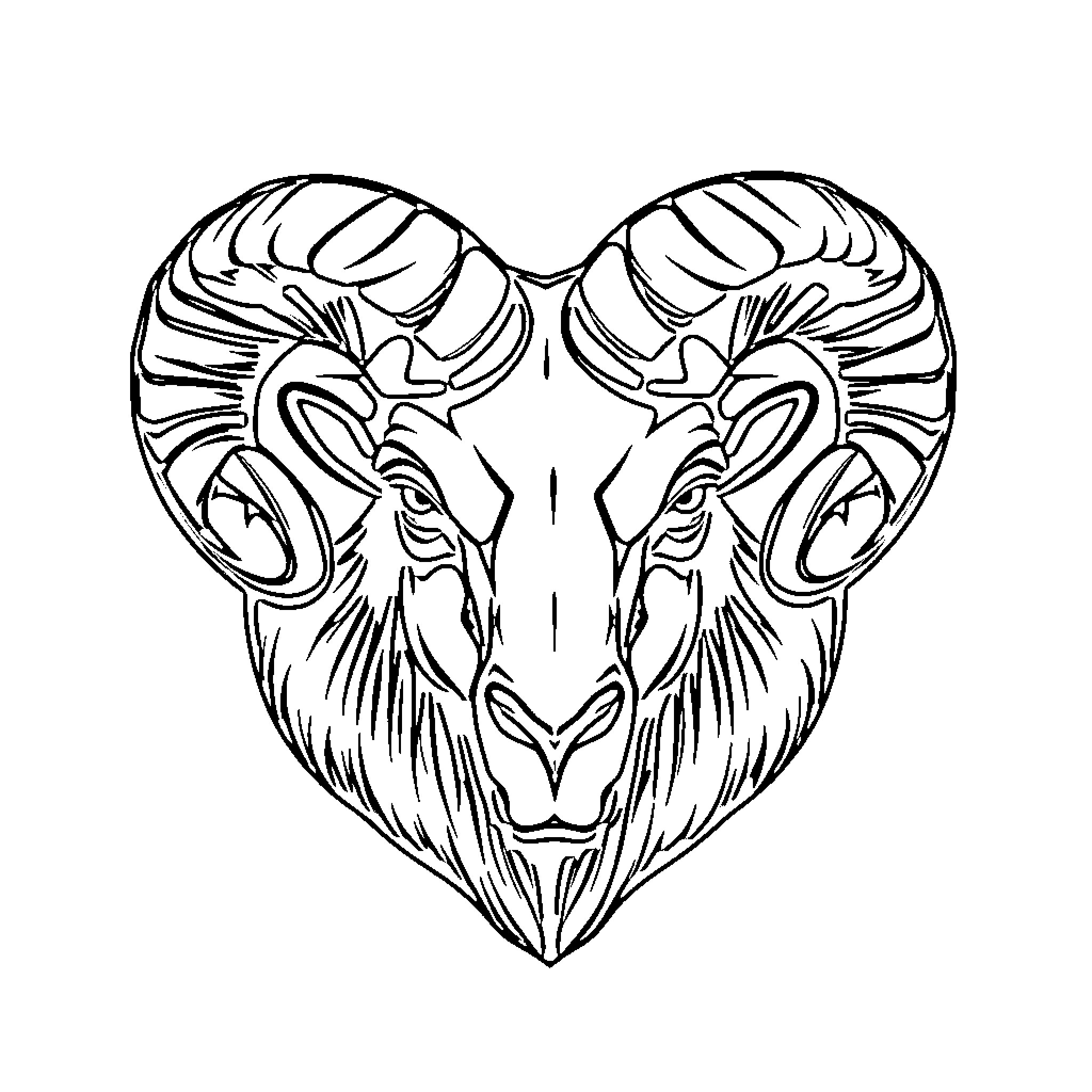 Ram's powerful expression in heart-shaped portrait Coloring Page (free black-and-white line drawing printable PDF for all, from beginners to advanced learners, including children, teens, adults, and seniors)