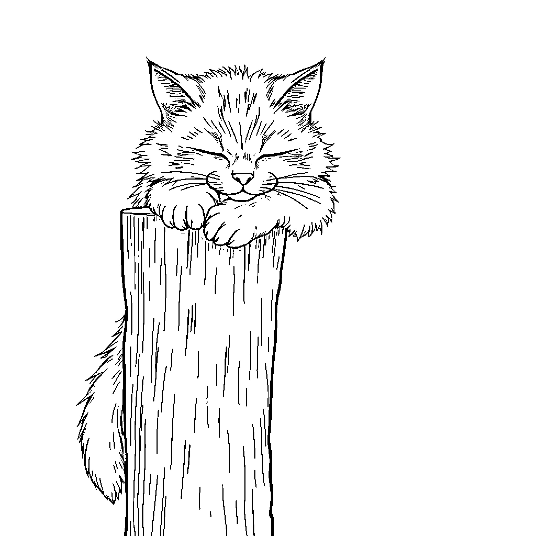 Cat resting peacefully on log Coloring Page (free black-and-white line drawing printable PDF for all, from beginners to advanced learners, including children, teens, adults, and seniors)