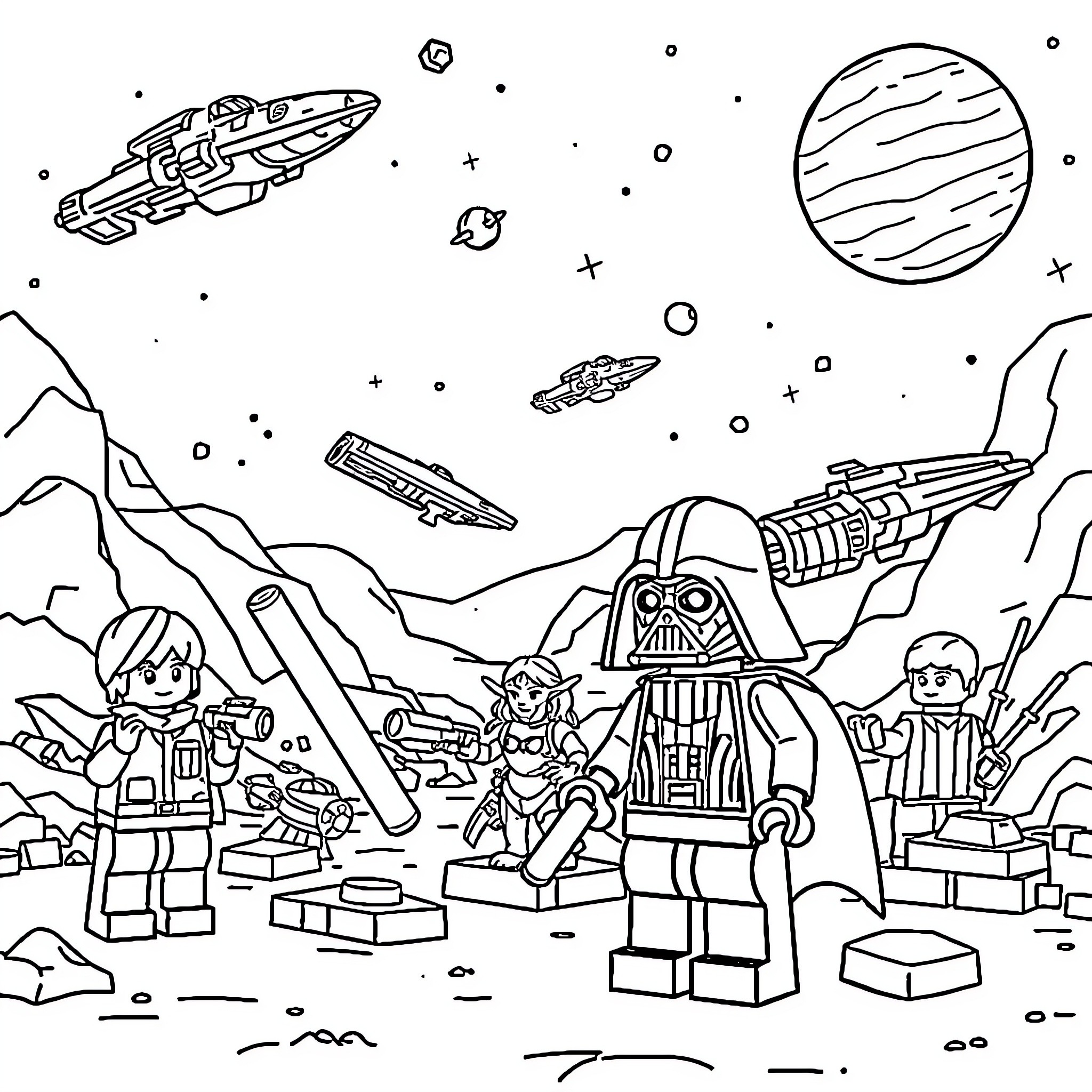Lego characters exploring the cosmic frontier Coloring Page (free black-and-white line drawing printable PDF for all, from beginners to advanced learners, including children, teens, adults, and seniors)