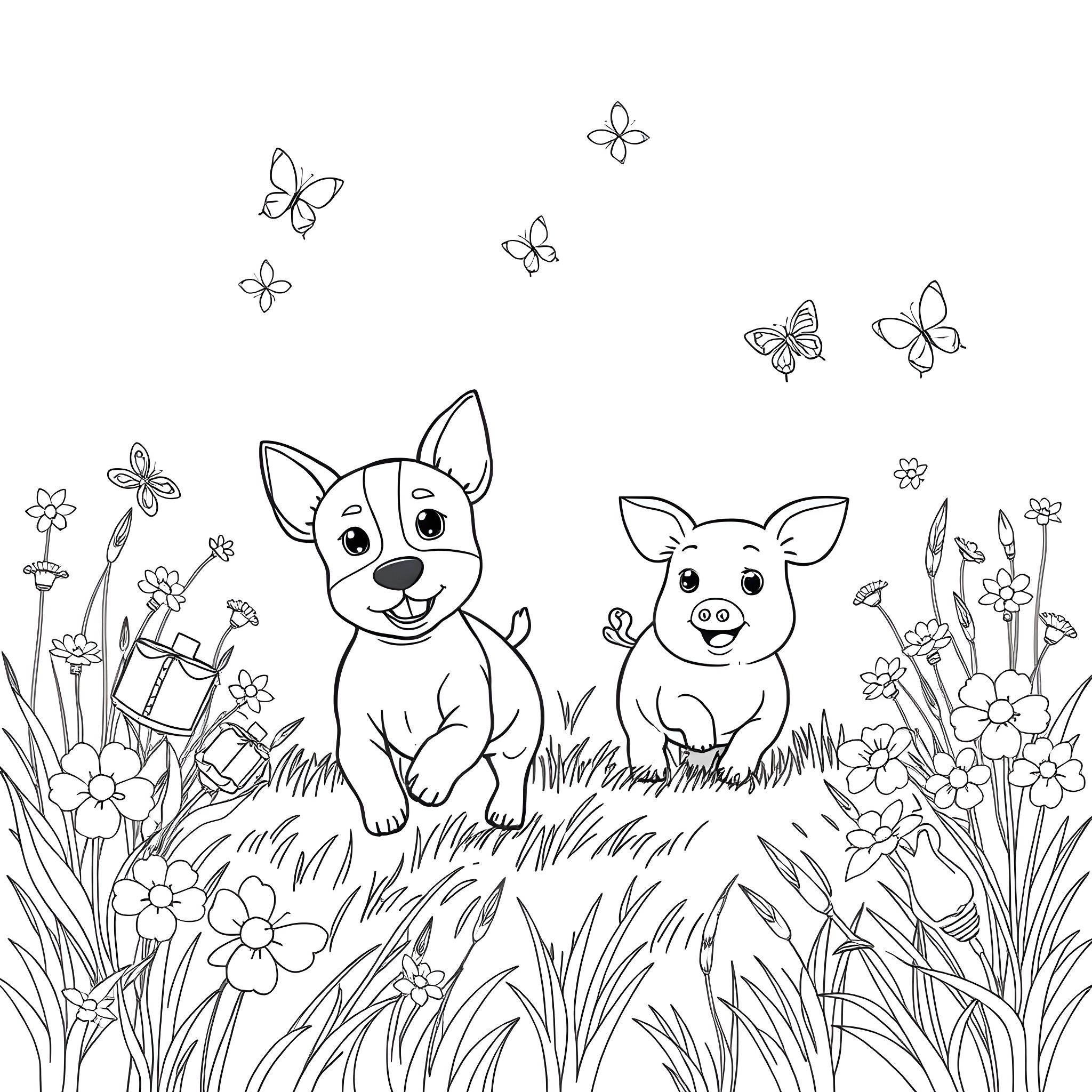 Jack Russell dogs playing in the flower field Coloring Page (free black-and-white line drawing printable PDF for all, from beginners to advanced learners, including children, teens, adults, and seniors)