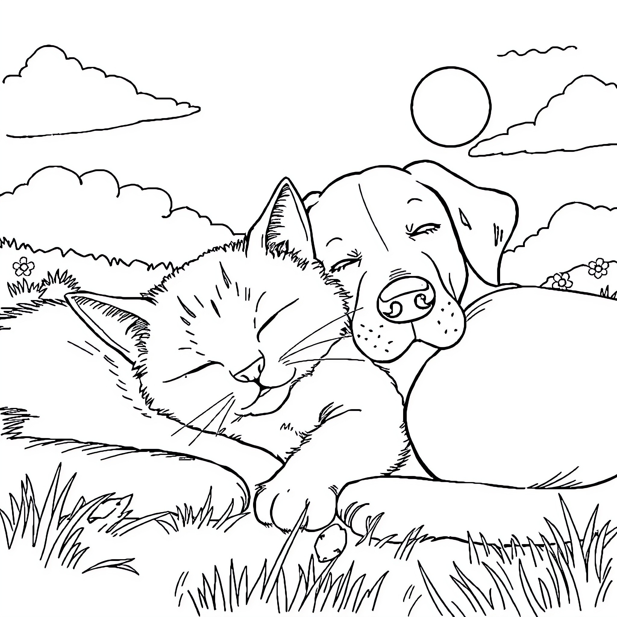 Cat and dog resting in the countryside Coloring Page (free black-and-white line drawing printable PDF for all, from beginners to advanced learners, including children, teens, adults, and seniors)