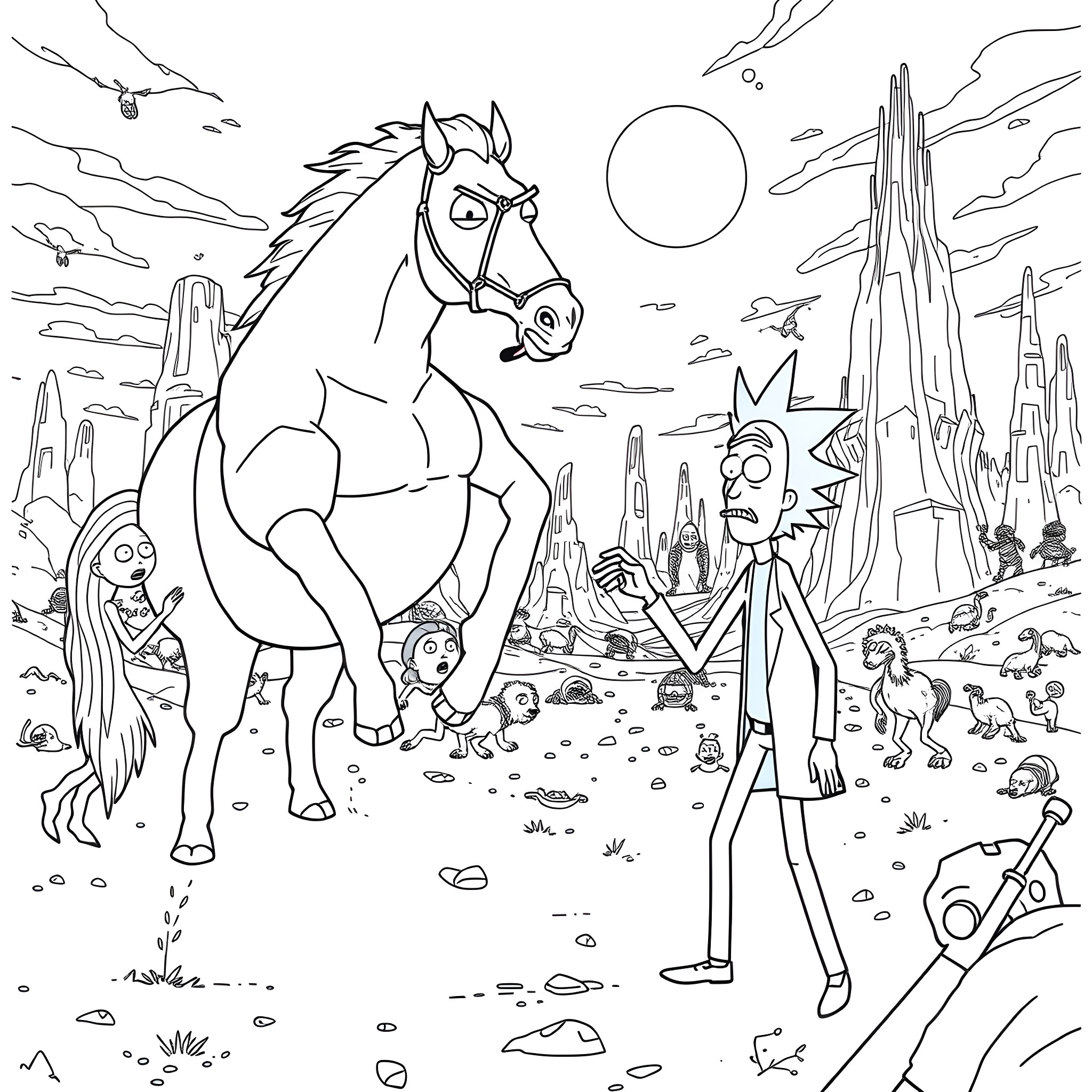 Rick And Morty Explore Alien Landscape with Strange Creatures Coloring Page (free black-and-white line drawing printable PDF for all, from beginners to advanced learners, including children, teens, adults, and seniors)