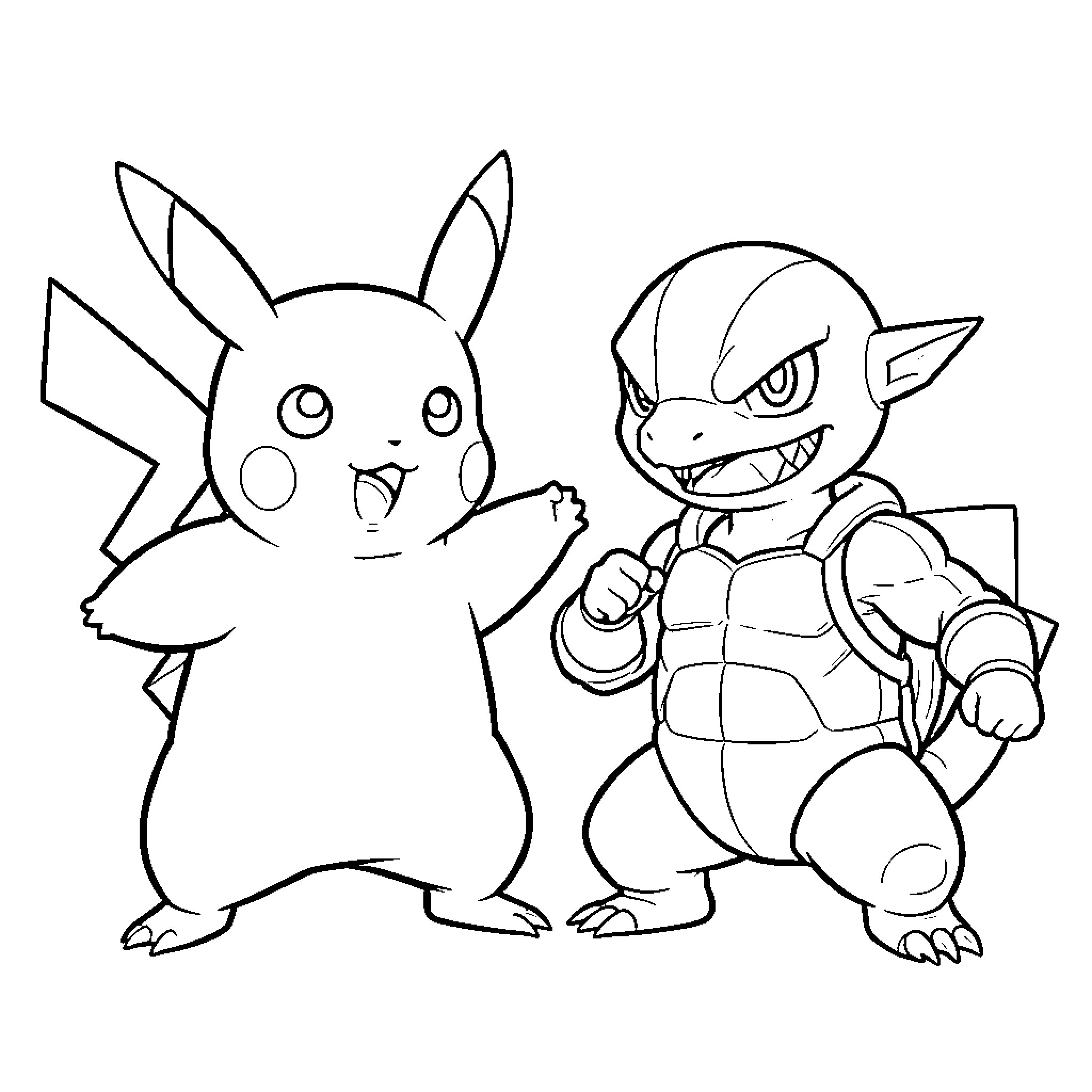 Pikachu and Blastoise posing together with joyful expressions Coloring Page (free black-and-white line drawing printable PDF for all, from beginners to advanced learners, including children, teens, adults, and seniors)