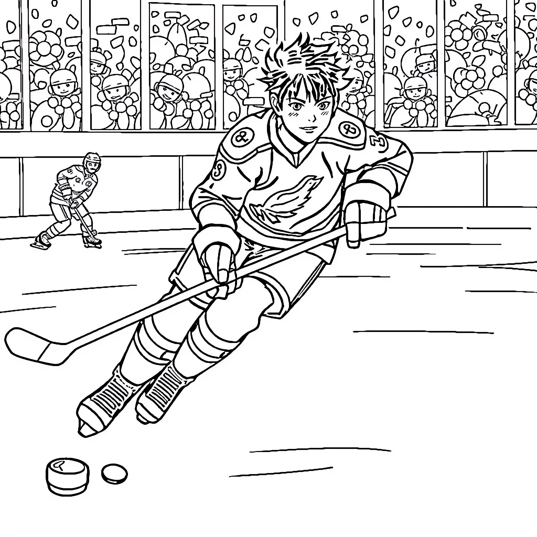 Senku Ishigami playing hockey in a stadium Coloring Page (free black-and-white line drawing printable PDF for all, from beginners to advanced learners, including children, teens, adults, and seniors)