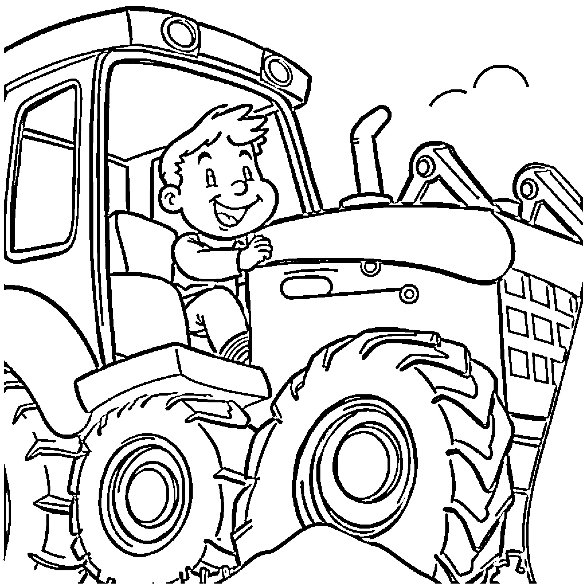 Bingo with happy boy operating tractor Coloring Page (free black-and-white line drawing printable PDF for all, from beginners to advanced learners, including children, teens, adults, and seniors)