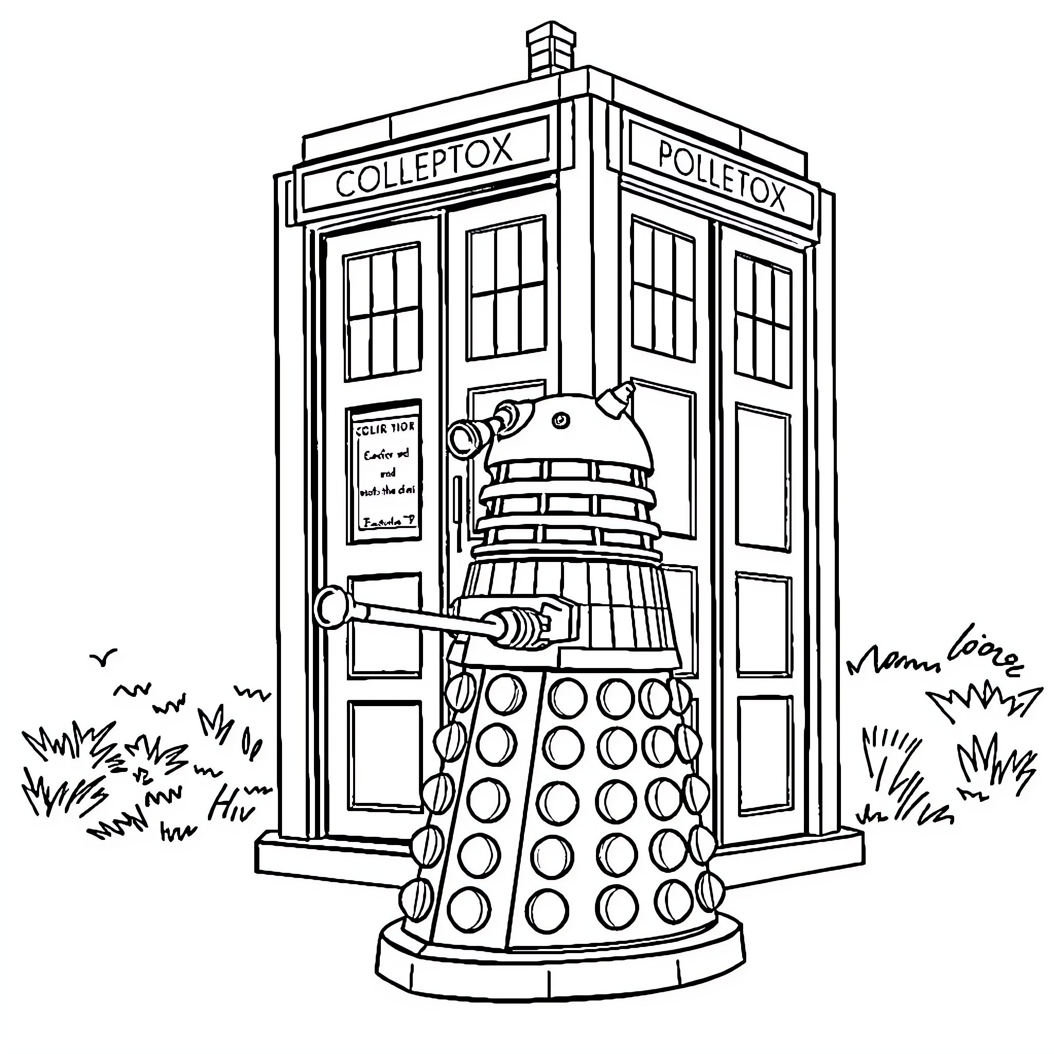 Dalek emerges from the Police Box Coloring Page (free black-and-white line drawing printable PDF for all, from beginners to advanced learners, including children, teens, adults, and seniors)