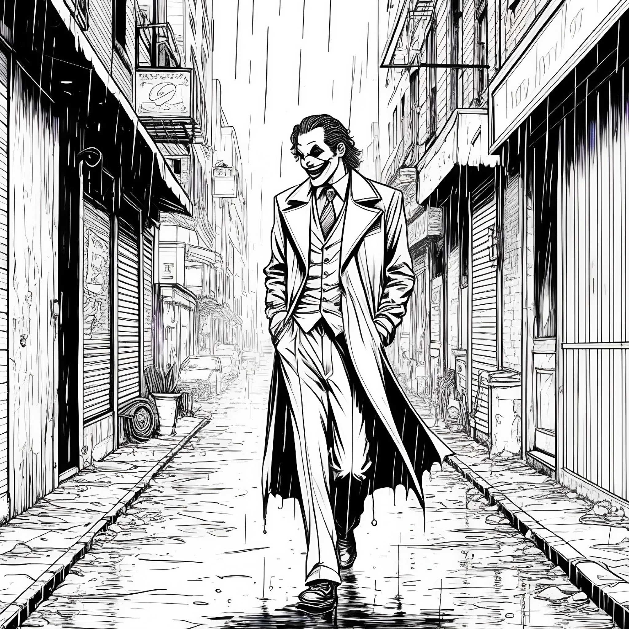 Joker in a rainy alleyway Coloring Page (free black-and-white line drawing printable PDF for all, from beginners to advanced learners, including children, teens, adults, and seniors)