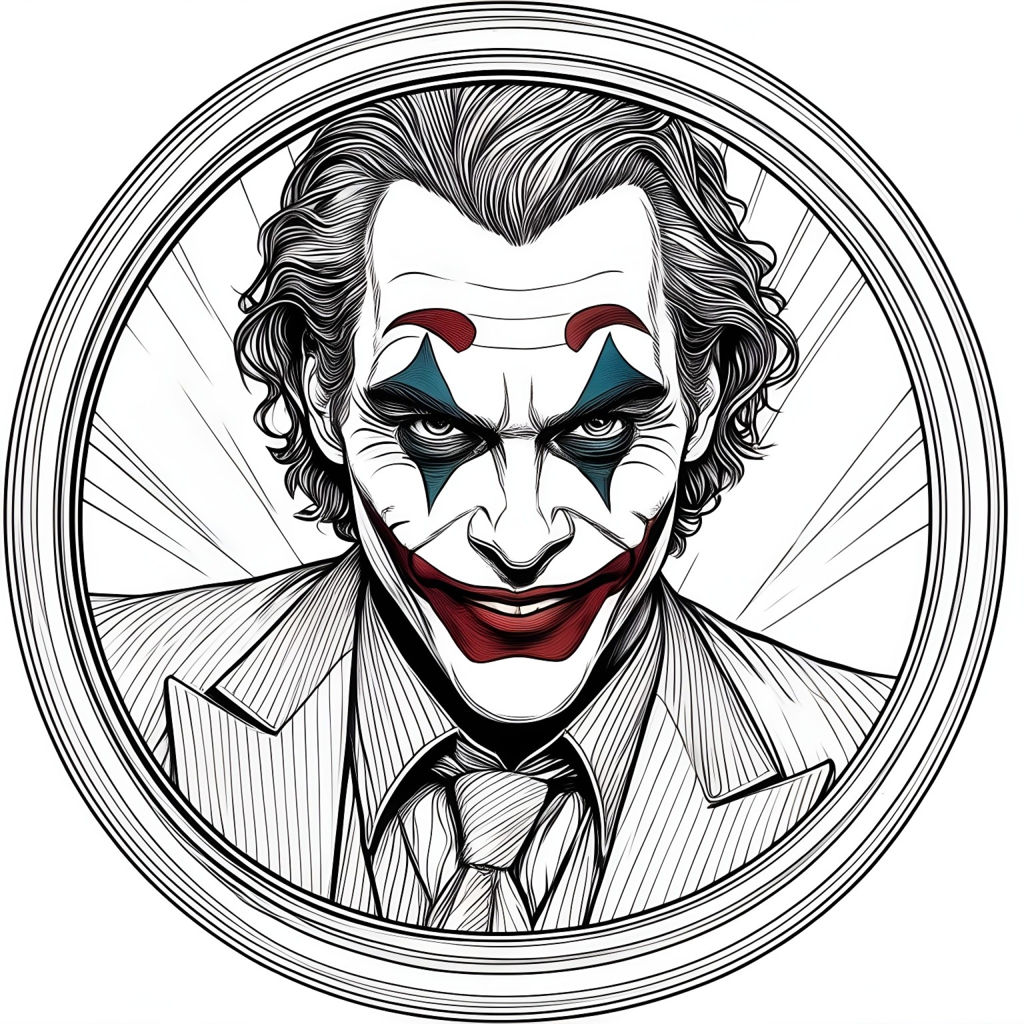 Joker in a shiny mirror reflection Coloring Page (free black-and-white line drawing printable PDF for all, from beginners to advanced learners, including children, teens, adults, and seniors)