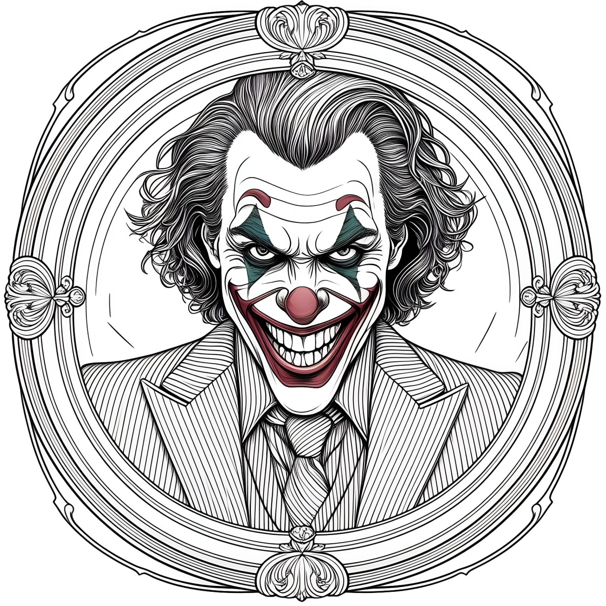 Joker in a distorted funhouse mirror Coloring Page (free black-and-white line drawing printable PDF for all, from beginners to advanced learners, including children, teens, adults, and seniors)