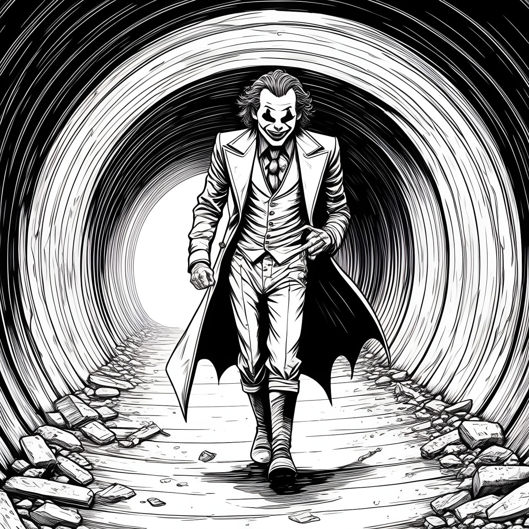 Joker in a dimly lit underground tunnel Coloring Page (free black-and-white line drawing printable PDF for all, from beginners to advanced learners, including children, teens, adults, and seniors)