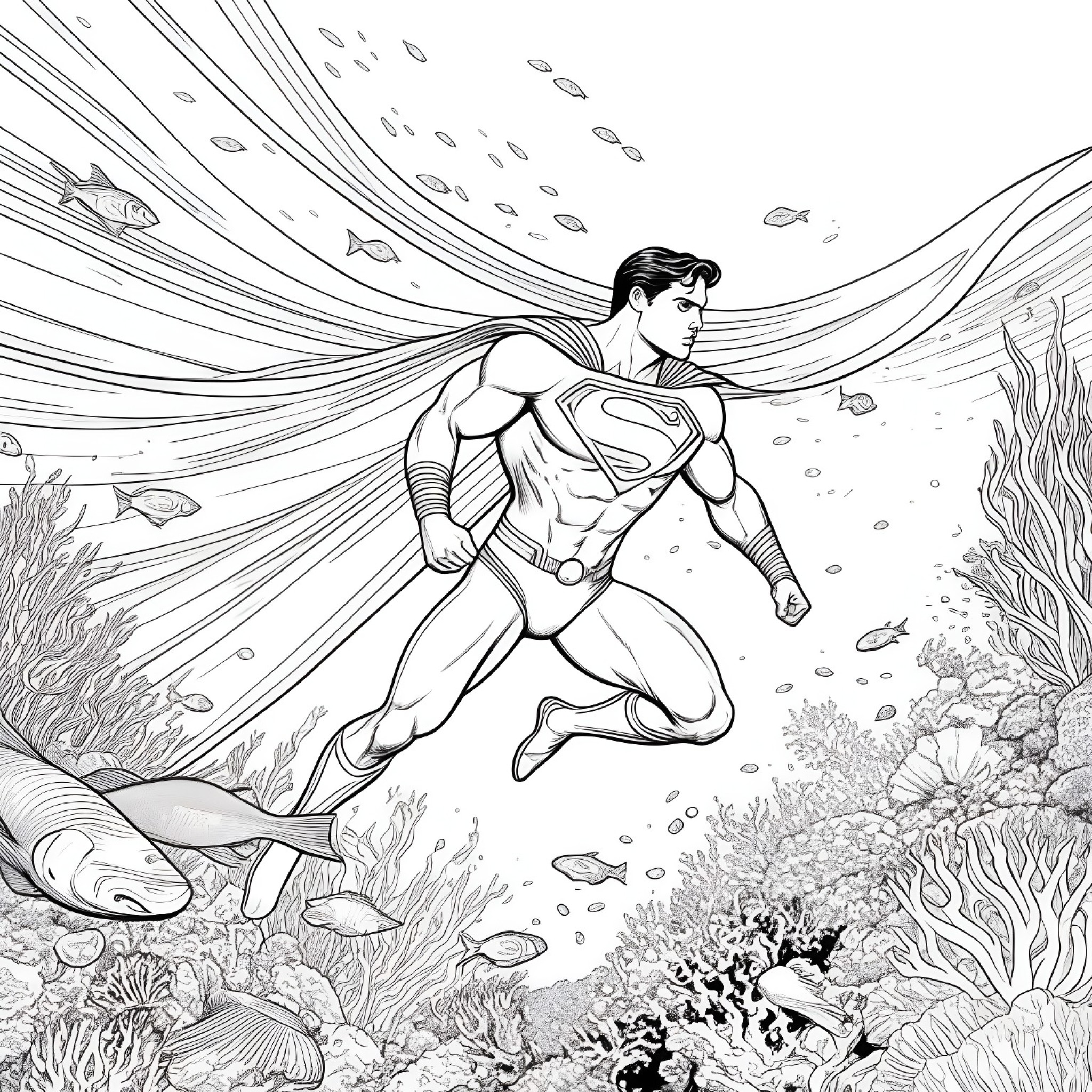 Superman underwater with marine life Coloring Page (free black-and-white line drawing printable PDF for all, from beginners to advanced learners, including children, teens, adults, and seniors)