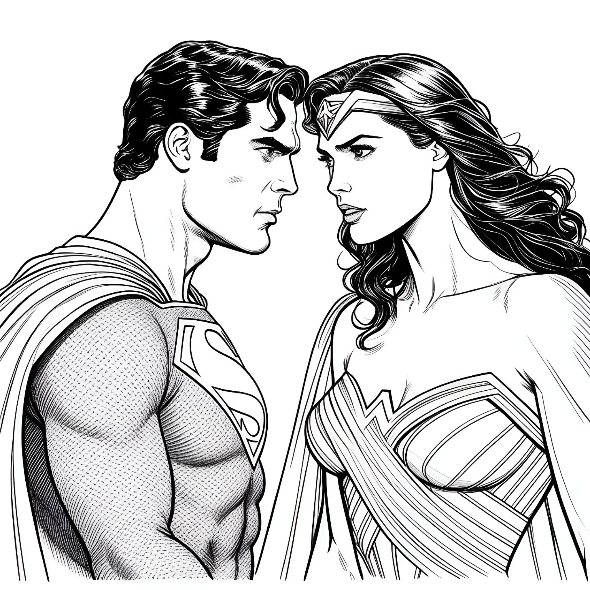 Superman and Wonder Woman Coloring Page (free black-and-white line drawing printable PDF for all, from beginners to advanced learners, including children, teens, adults, and seniors)