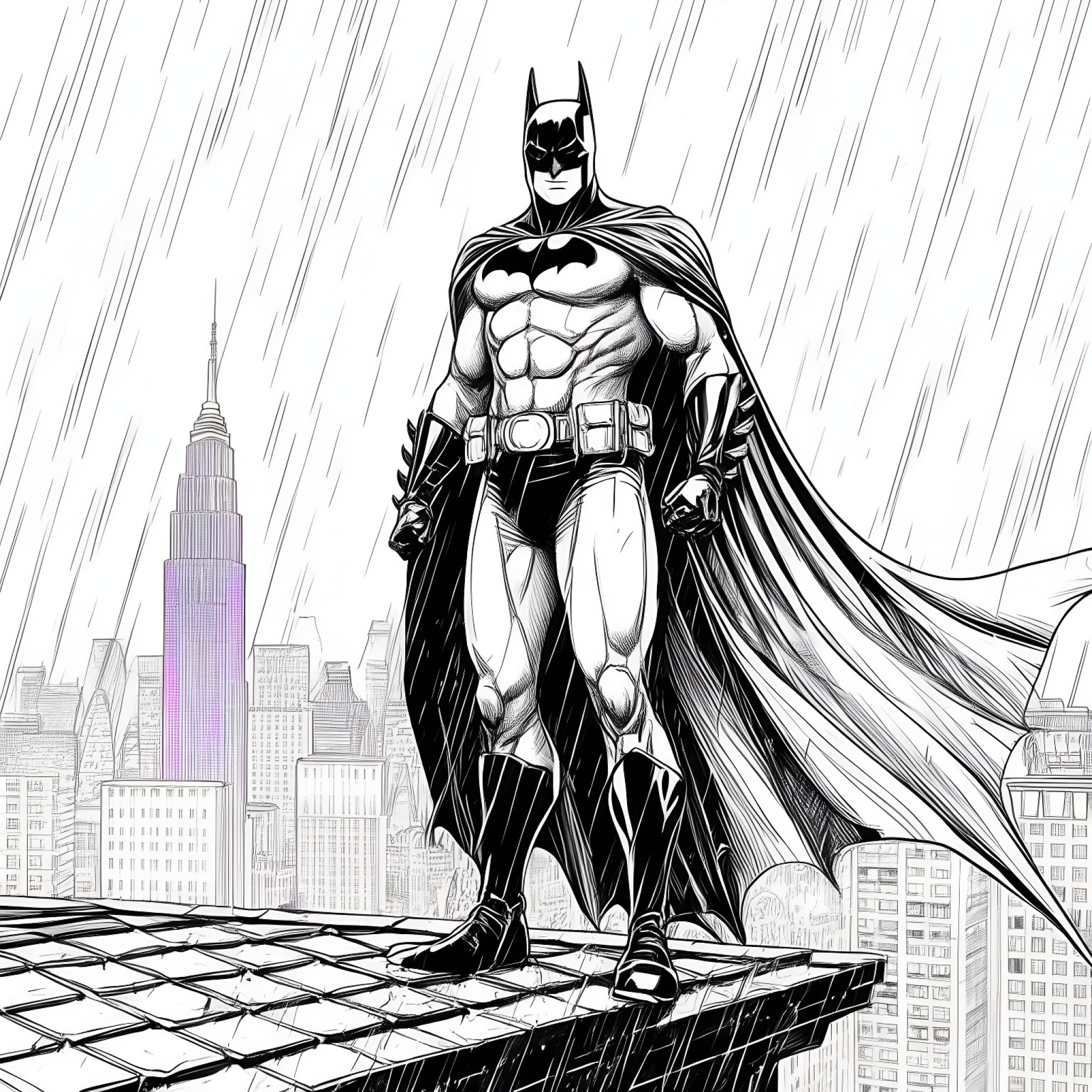 Batman standing on rooftop in rain Coloring Page (free black-and-white line drawing printable PDF for all, from beginners to advanced learners, including children, teens, adults, and seniors)