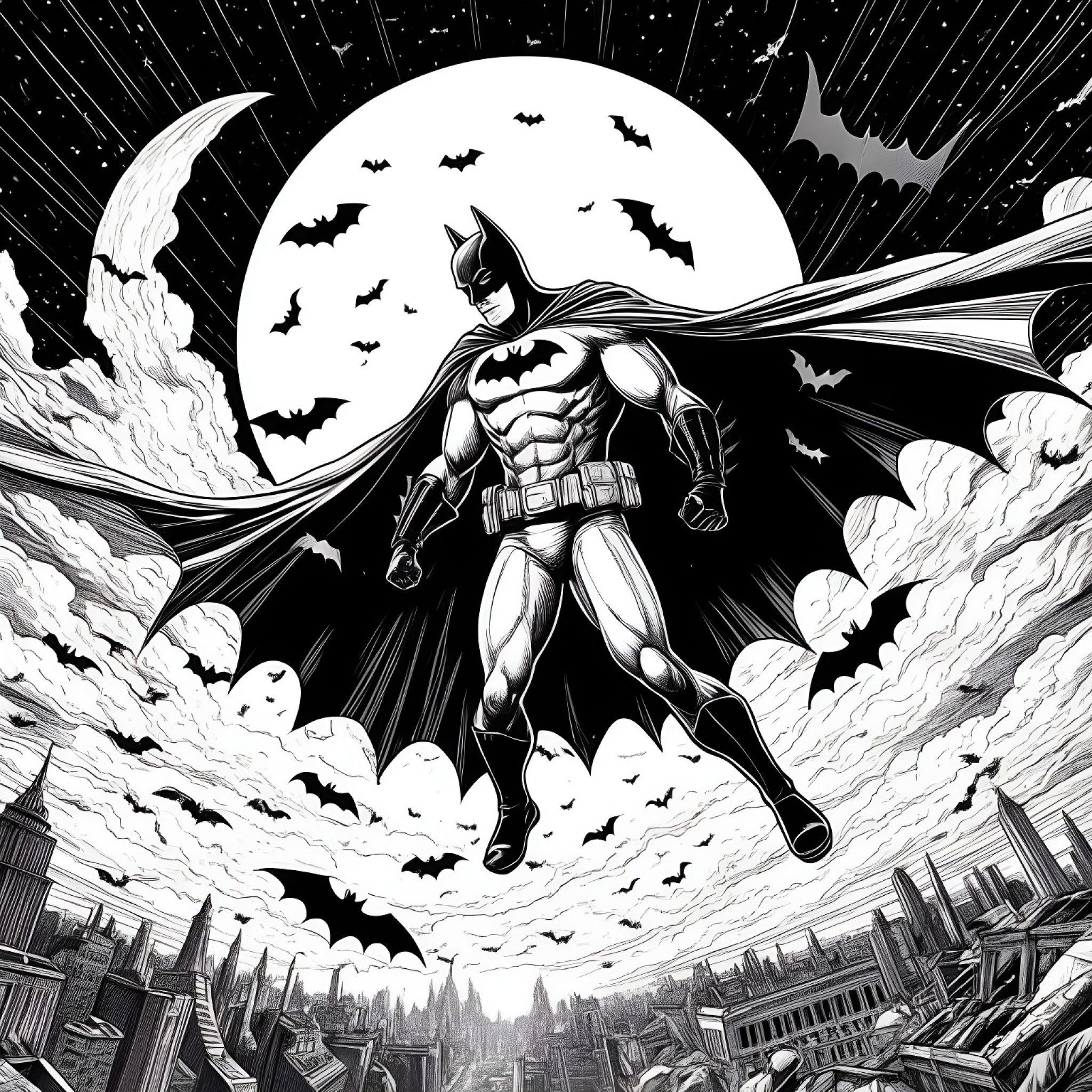 Batman surrounded by bats in night sky Coloring Page (free black-and-white line drawing printable PDF for all, from beginners to advanced learners, including children, teens, adults, and seniors)