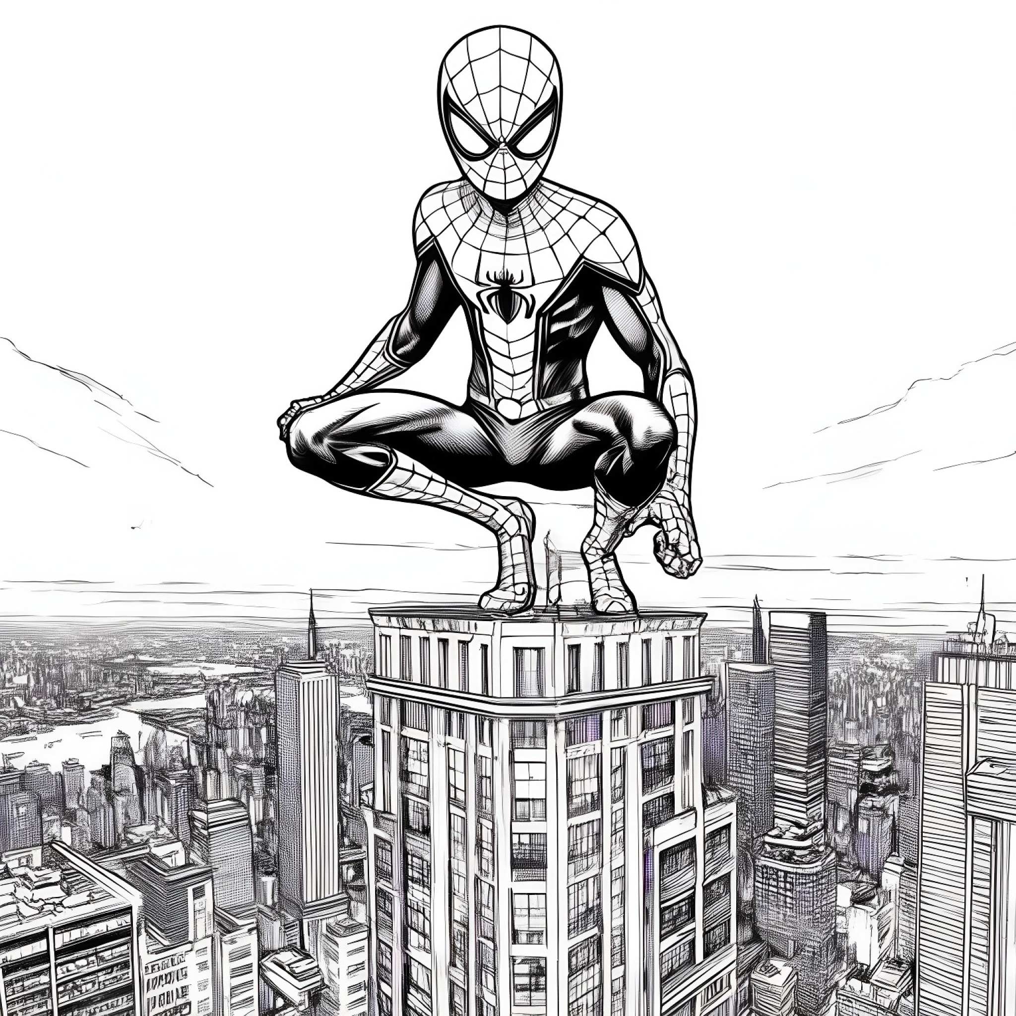 Spider-Man standing tall on top of a skyscraper Coloring Page (free black-and-white line drawing printable PDF for all, from beginners to advanced learners, including children, teens, adults, and seniors)