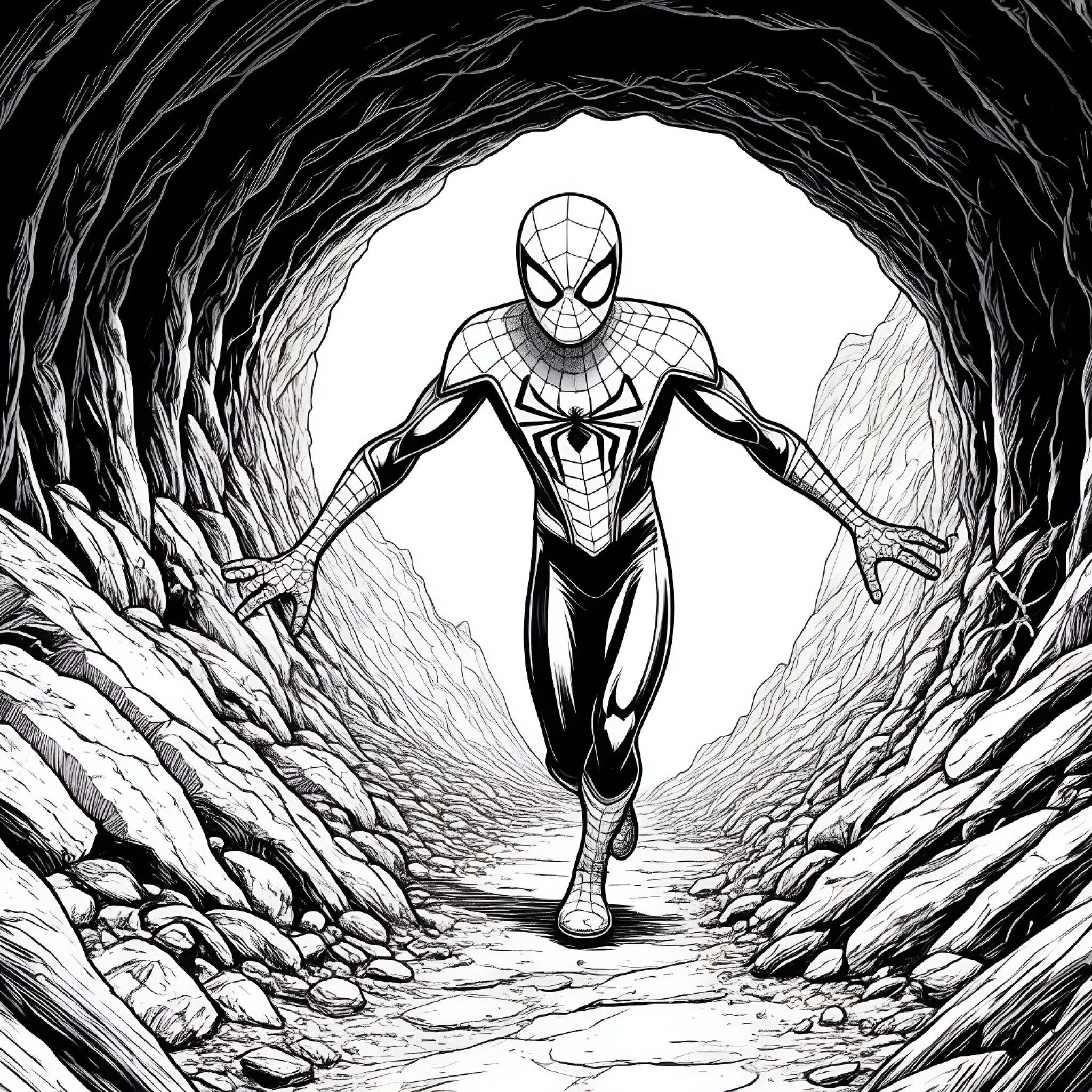 Spider-Man exploring a mysterious underground tunnel Coloring Page (free black-and-white line drawing printable PDF for all, from beginners to advanced learners, including children, teens, adults, and seniors)