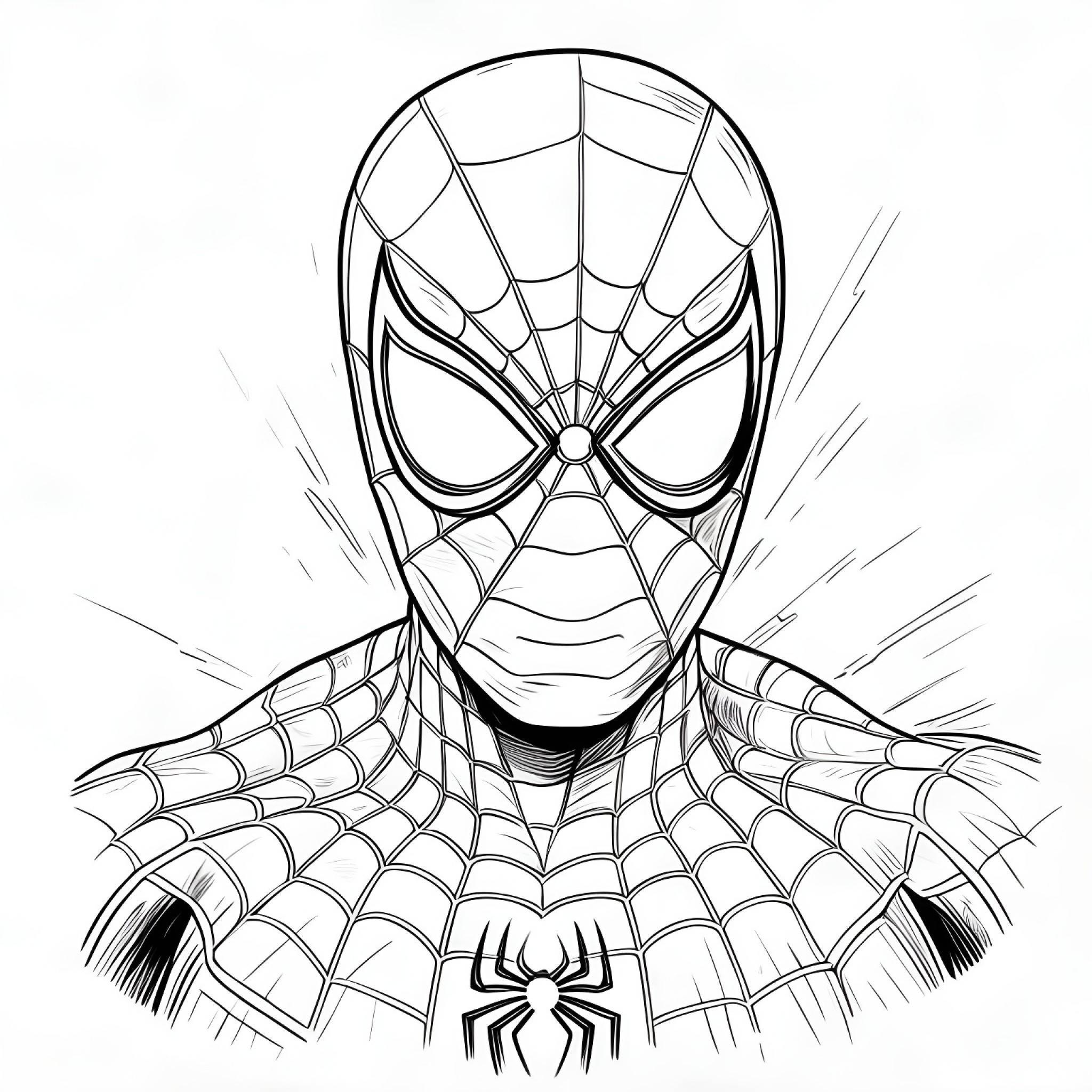 Spider-Man close-up Coloring Page (free black-and-white line drawing printable PDF for all, from beginners to advanced learners, including children, teens, adults, and seniors)