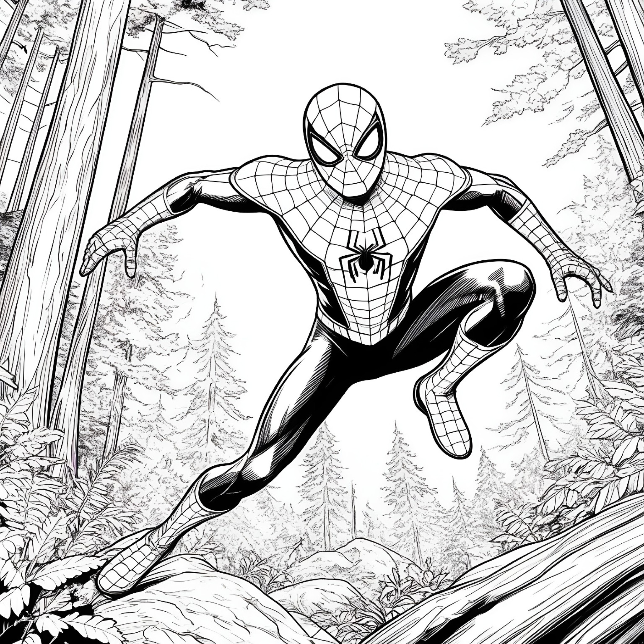 Spider-Man demonstrating agility in a forest setting Coloring Page (free black-and-white line drawing printable PDF for all, from beginners to advanced learners, including children, teens, adults, and seniors)