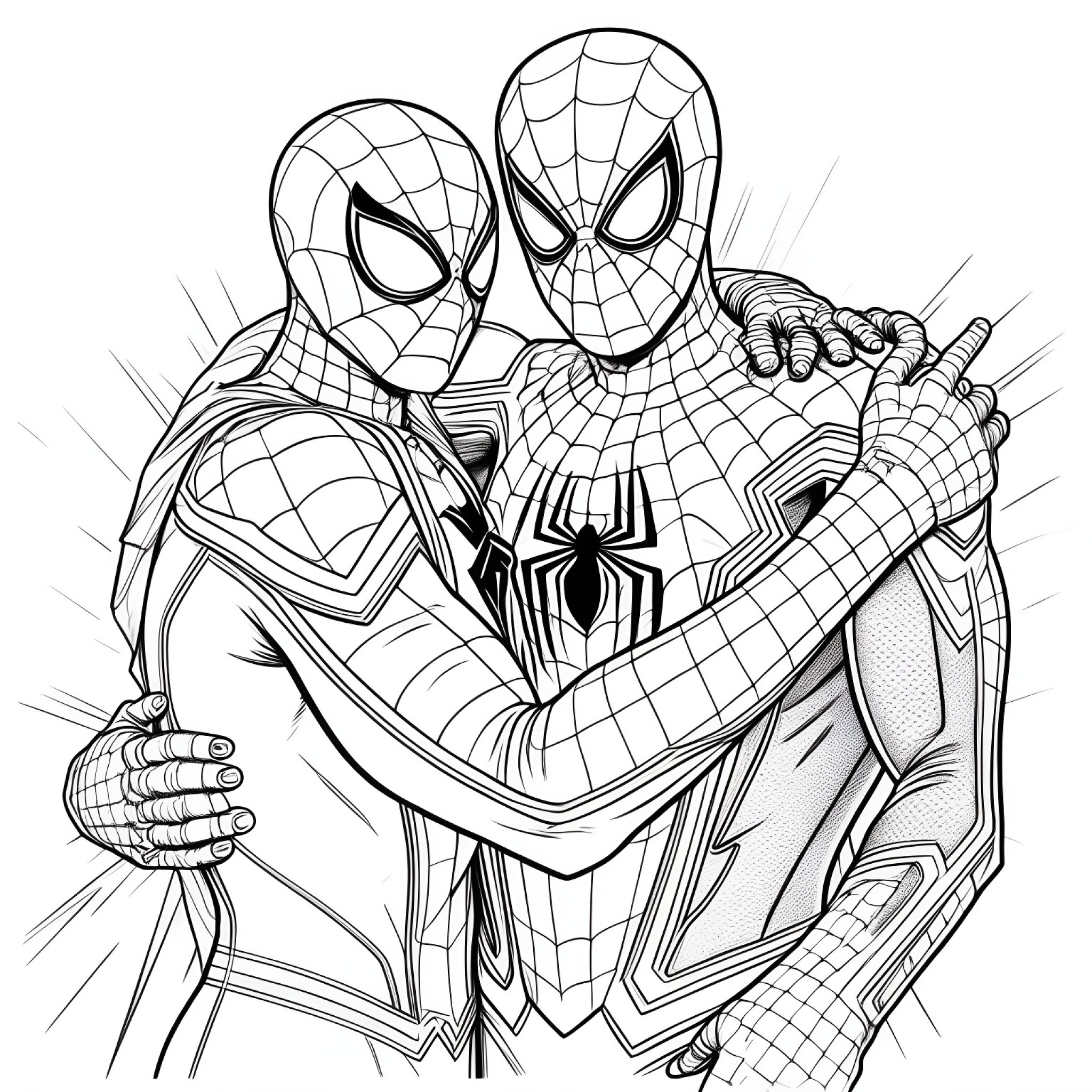 Spider-Man embracing another Spider-Man Coloring Page (free black-and-white line drawing printable PDF for all, from beginners to advanced learners, including children, teens, adults, and seniors)