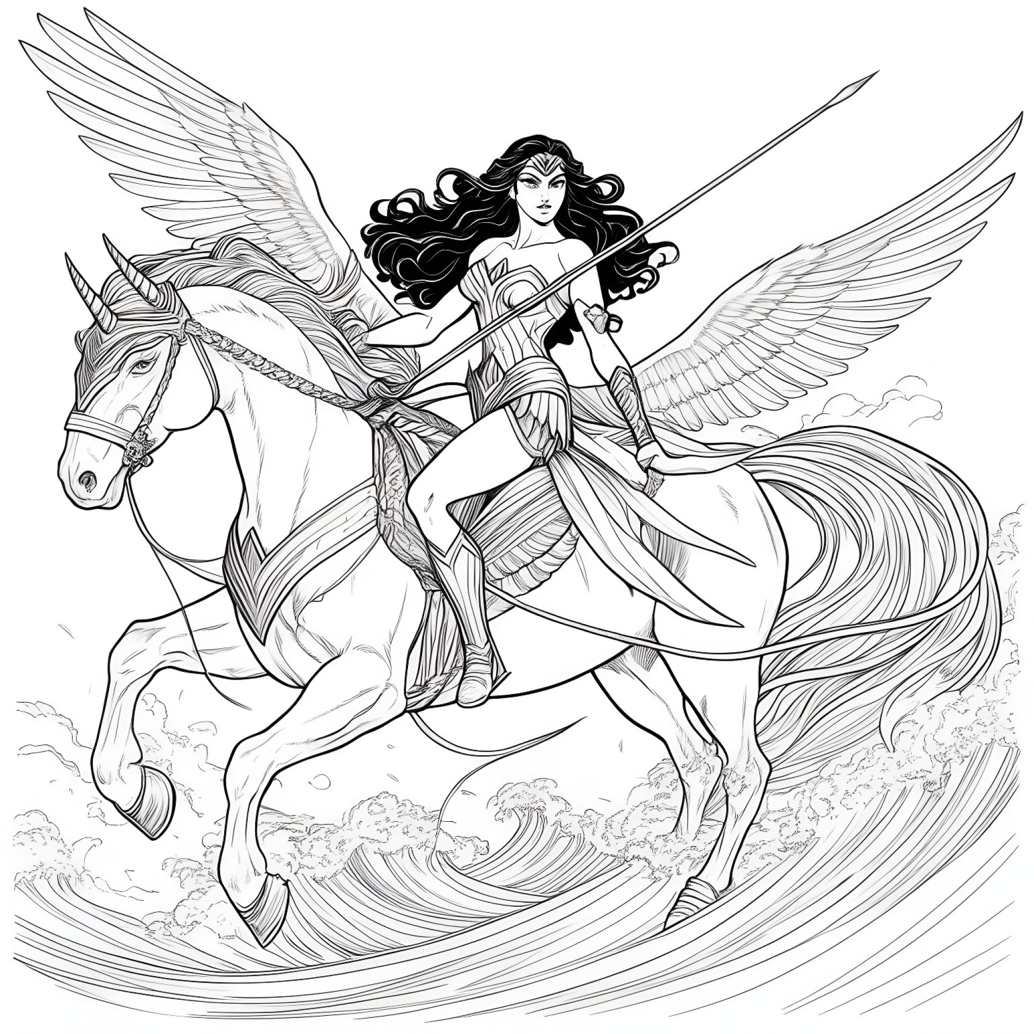 Wonder Woman riding a mythical creature Coloring Page (free black-and-white line drawing printable PDF for all, from beginners to advanced learners, including children, teens, adults, and seniors)