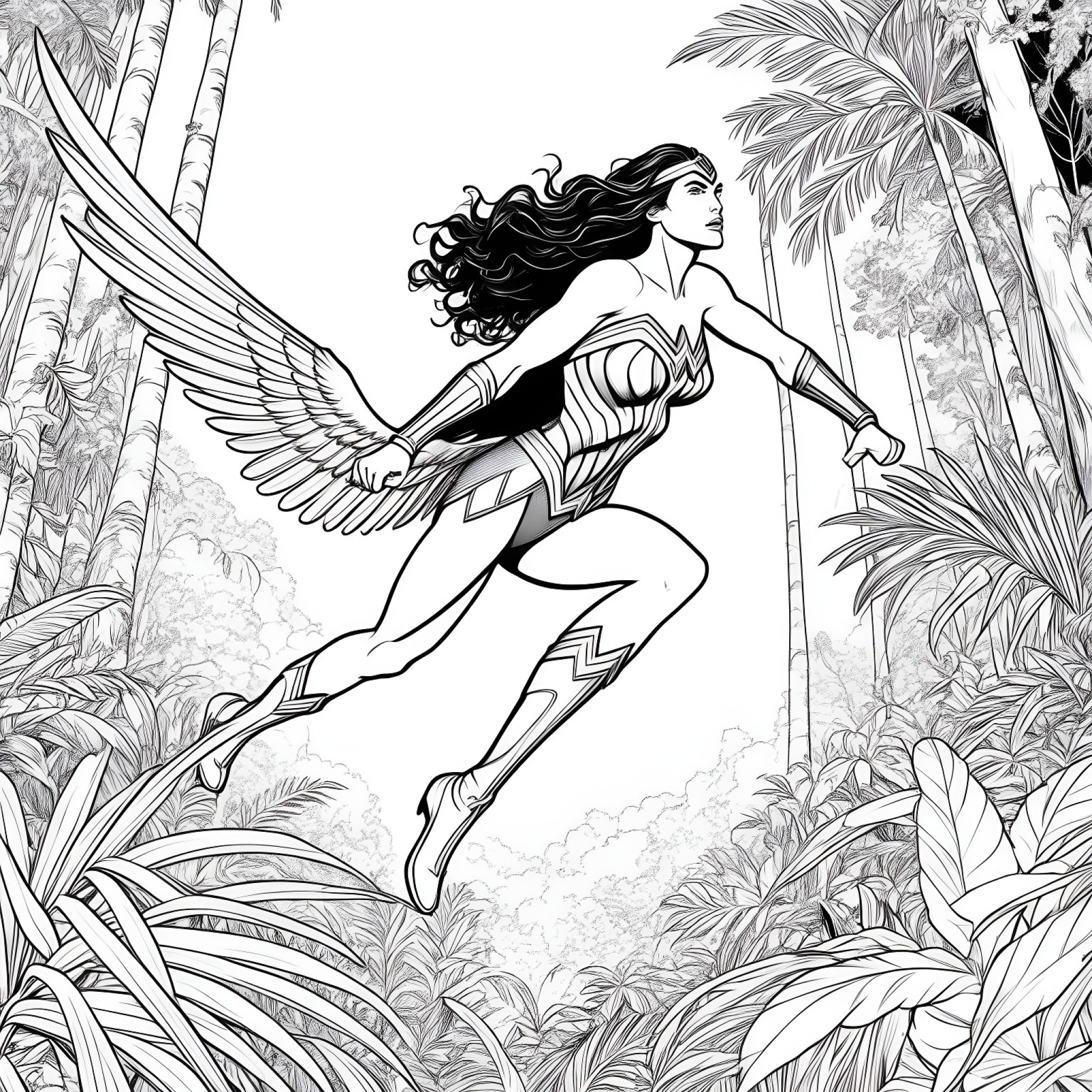 Wonder Woman flying over a lush forest Coloring Page (free black-and-white line drawing printable PDF for all, from beginners to advanced learners, including children, teens, adults, and seniors)