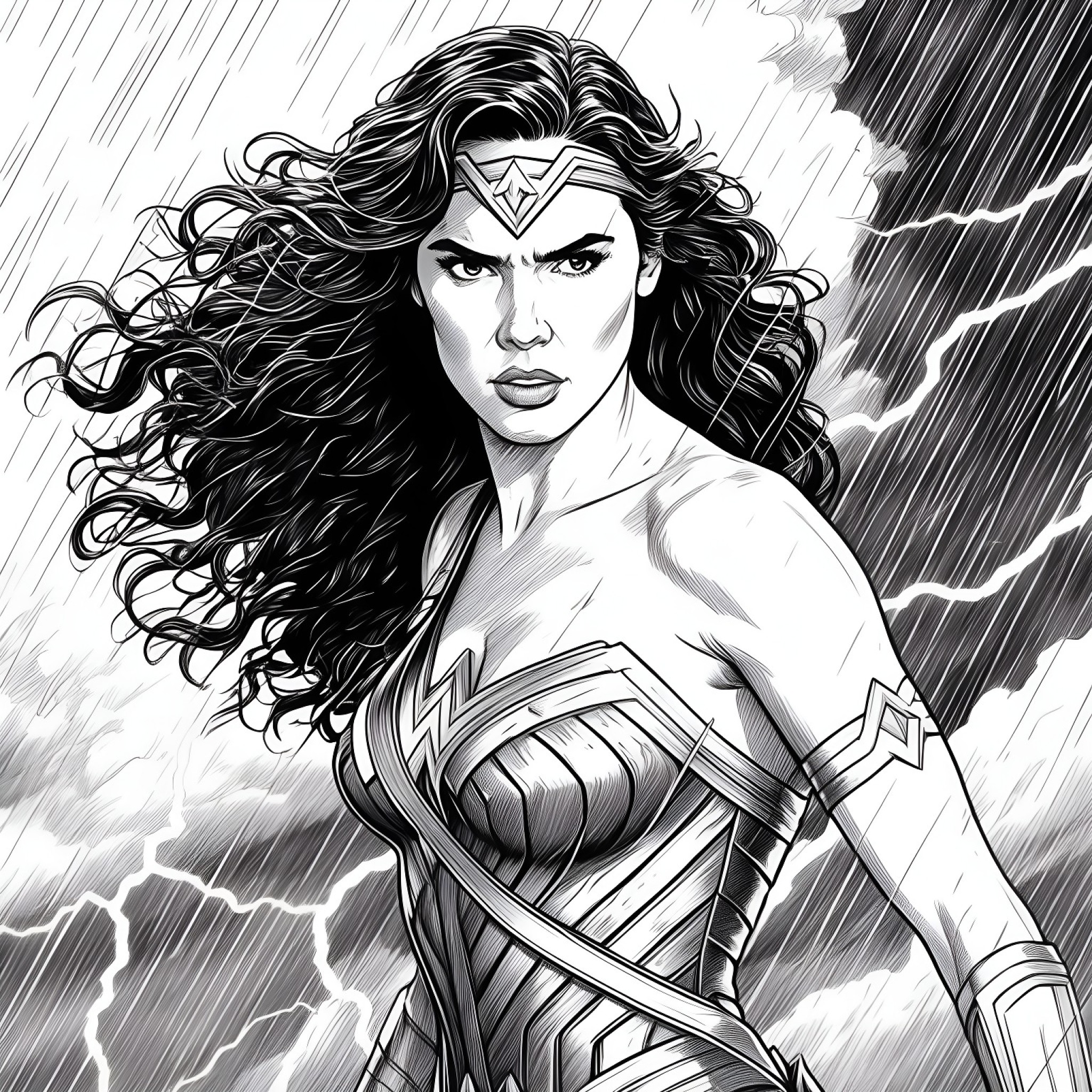 Wonder Woman in a dramatic thunderstorm Coloring Page (free black-and-white line drawing printable PDF for all, from beginners to advanced learners, including children, teens, adults, and seniors)