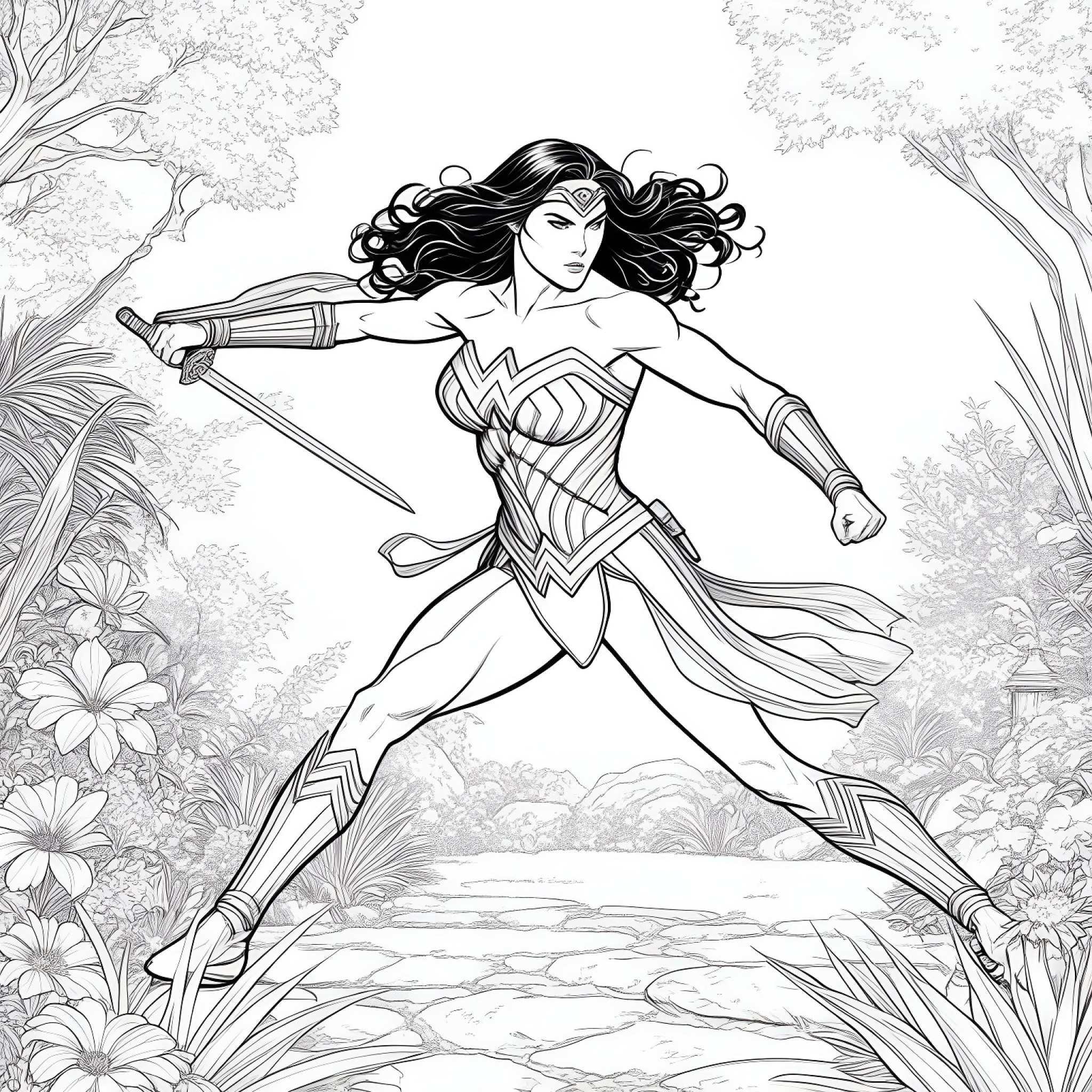 Wonder Woman practicing martial arts in a serene garden Coloring Page (free black-and-white line drawing printable PDF for all, from beginners to advanced learners, including children, teens, adults, and seniors)