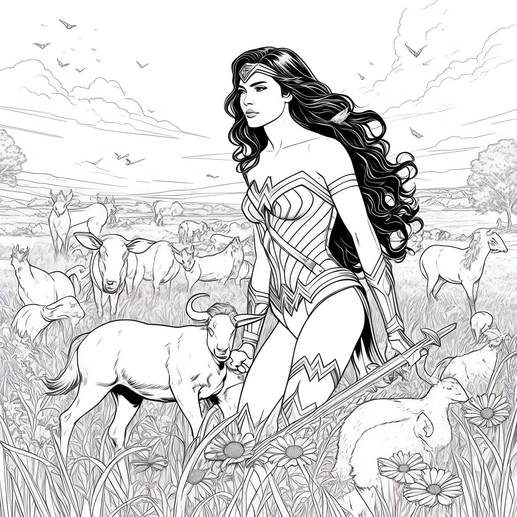 Wonder Woman in a peaceful meadow with animals Coloring Page (free black-and-white line drawing printable PDF for all, from beginners to advanced learners, including children, teens, adults, and seniors)