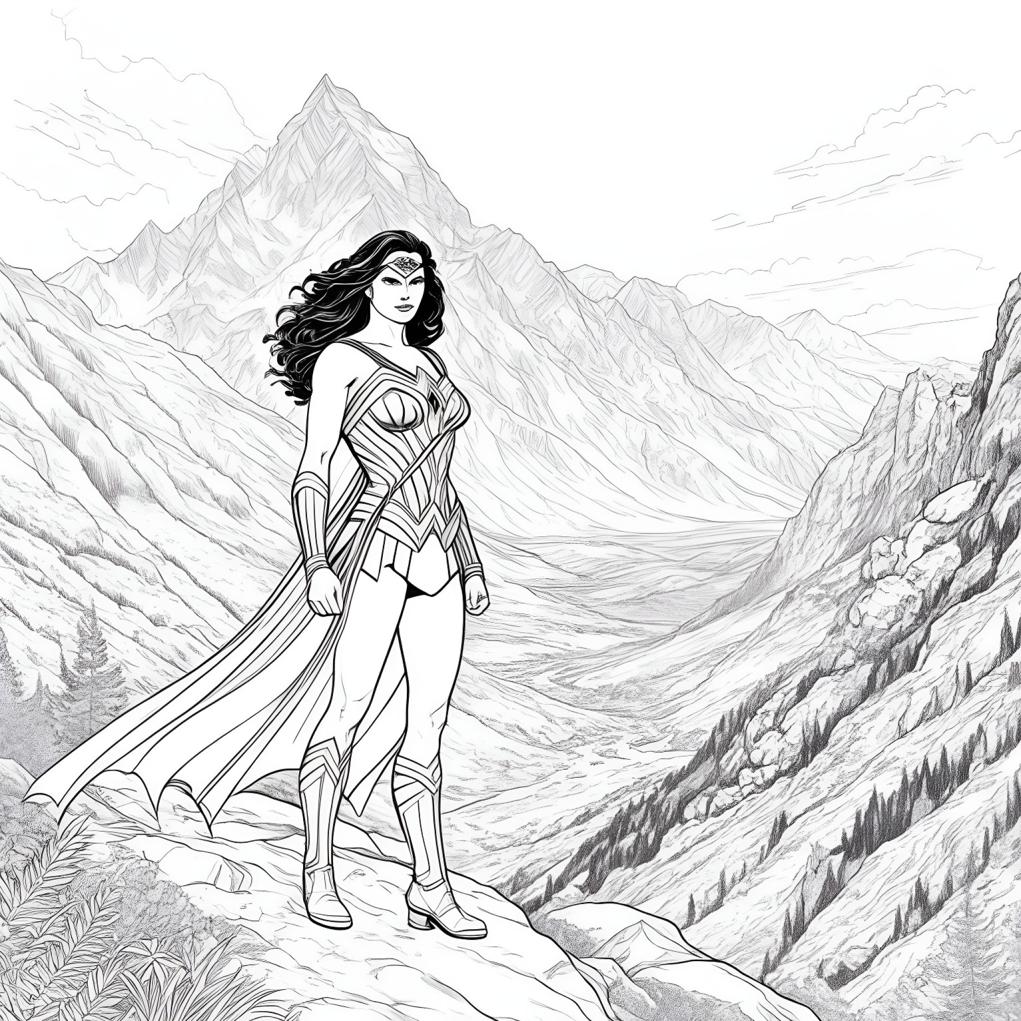 Wonder Woman in a majestic mountain landscape Coloring Page (free black-and-white line drawing printable PDF for all, from beginners to advanced learners, including children, teens, adults, and seniors)
