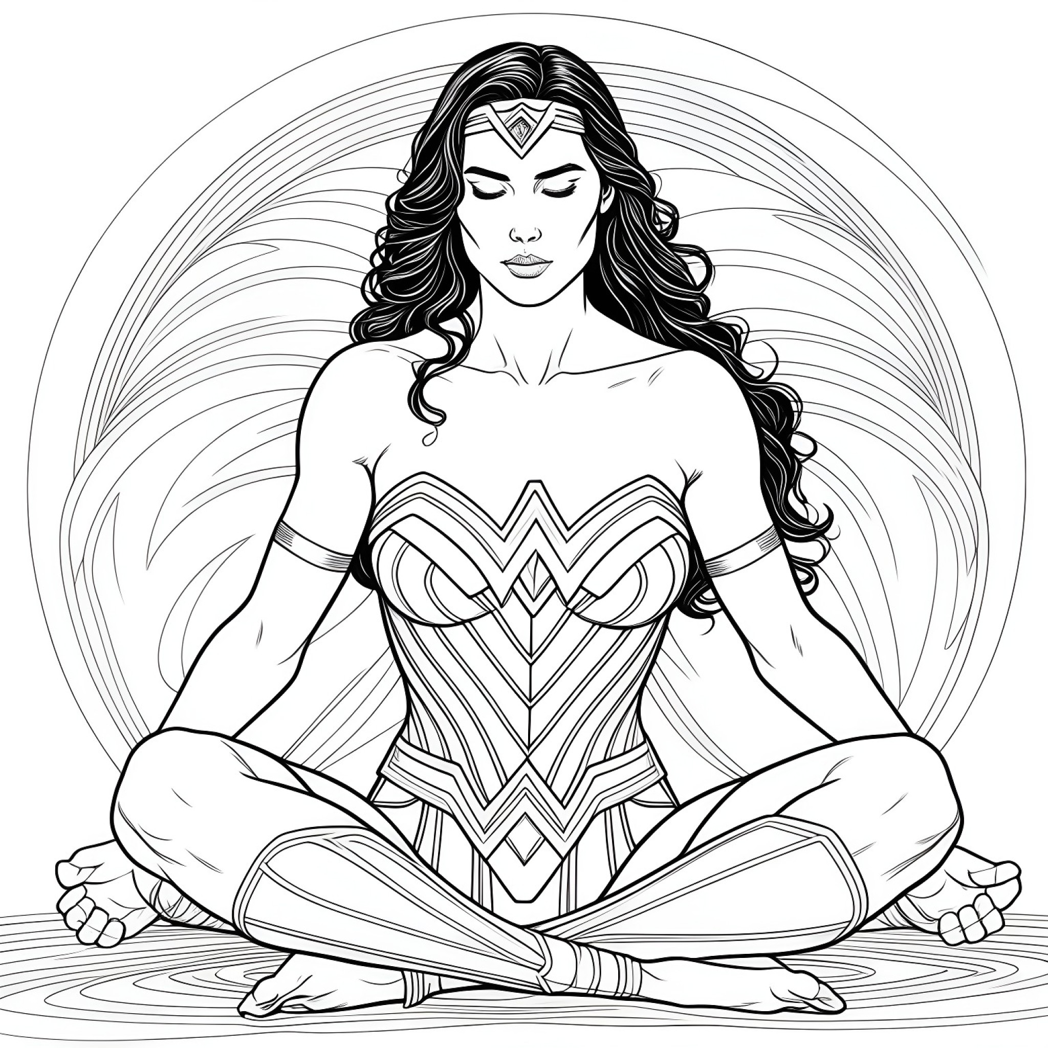 Wonder Woman in a serene meditation pose Coloring Page (free black-and-white line drawing printable PDF for all, from beginners to advanced learners, including children, teens, adults, and seniors)