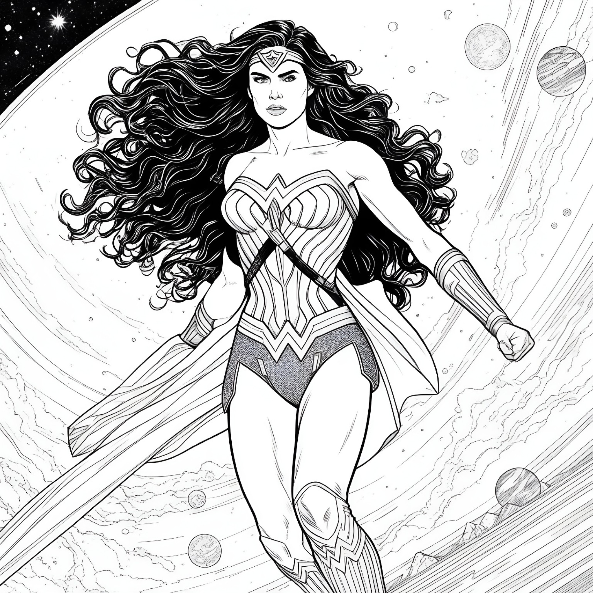 Wonder Woman in a cosmic outer space setting Coloring Page (free black-and-white line drawing printable PDF for all, from beginners to advanced learners, including children, teens, adults, and seniors)