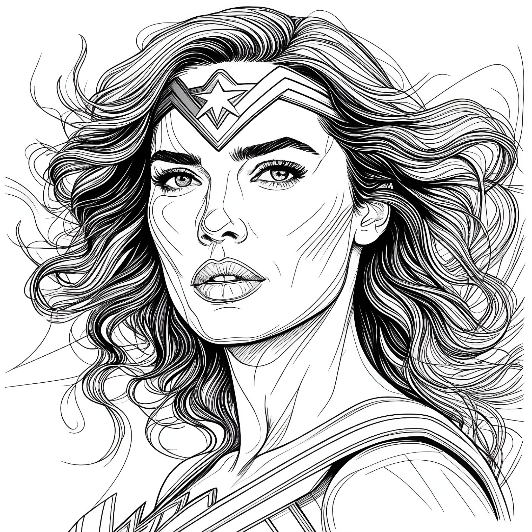 Wonder Woman in an abstract art style Coloring Page (free black-and-white line drawing printable PDF for all, from beginners to advanced learners, including children, teens, adults, and seniors)