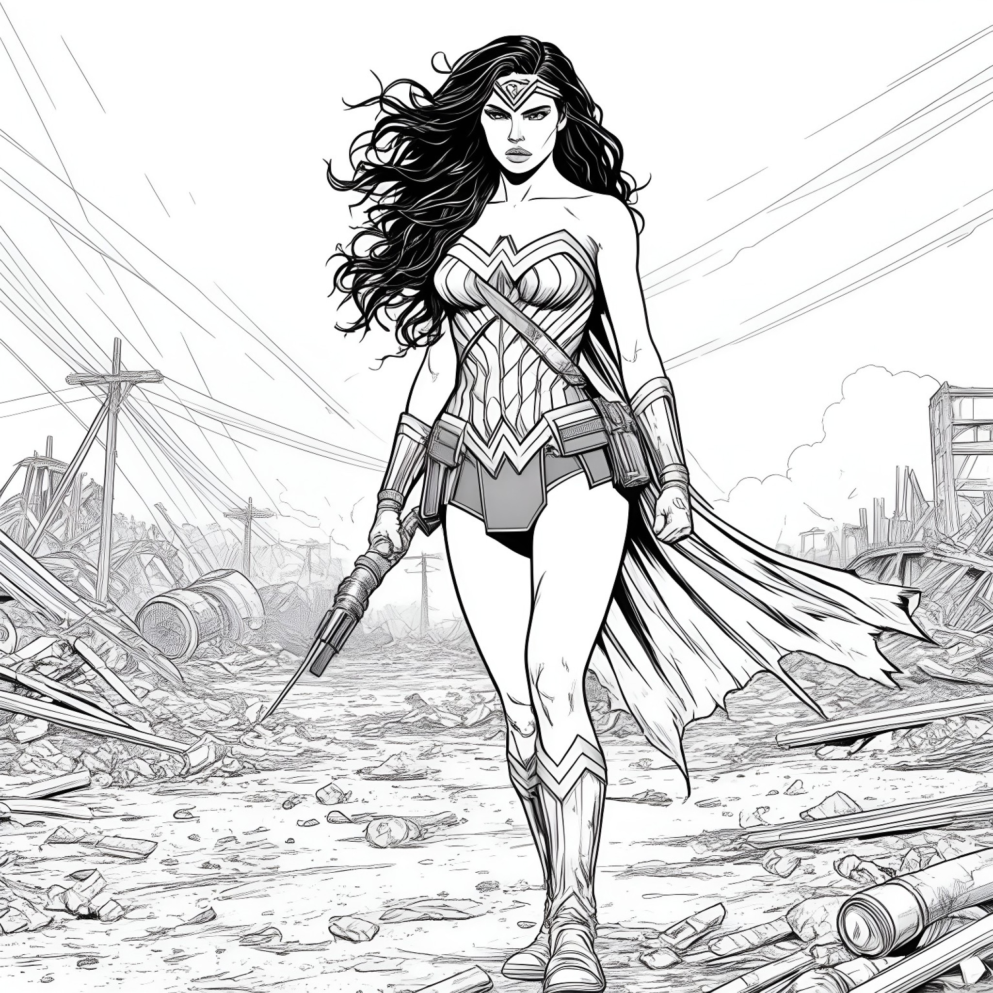 Wonder Woman in a post-apocalyptic wasteland Coloring Page (free black-and-white line drawing printable PDF for all, from beginners to advanced learners, including children, teens, adults, and seniors)