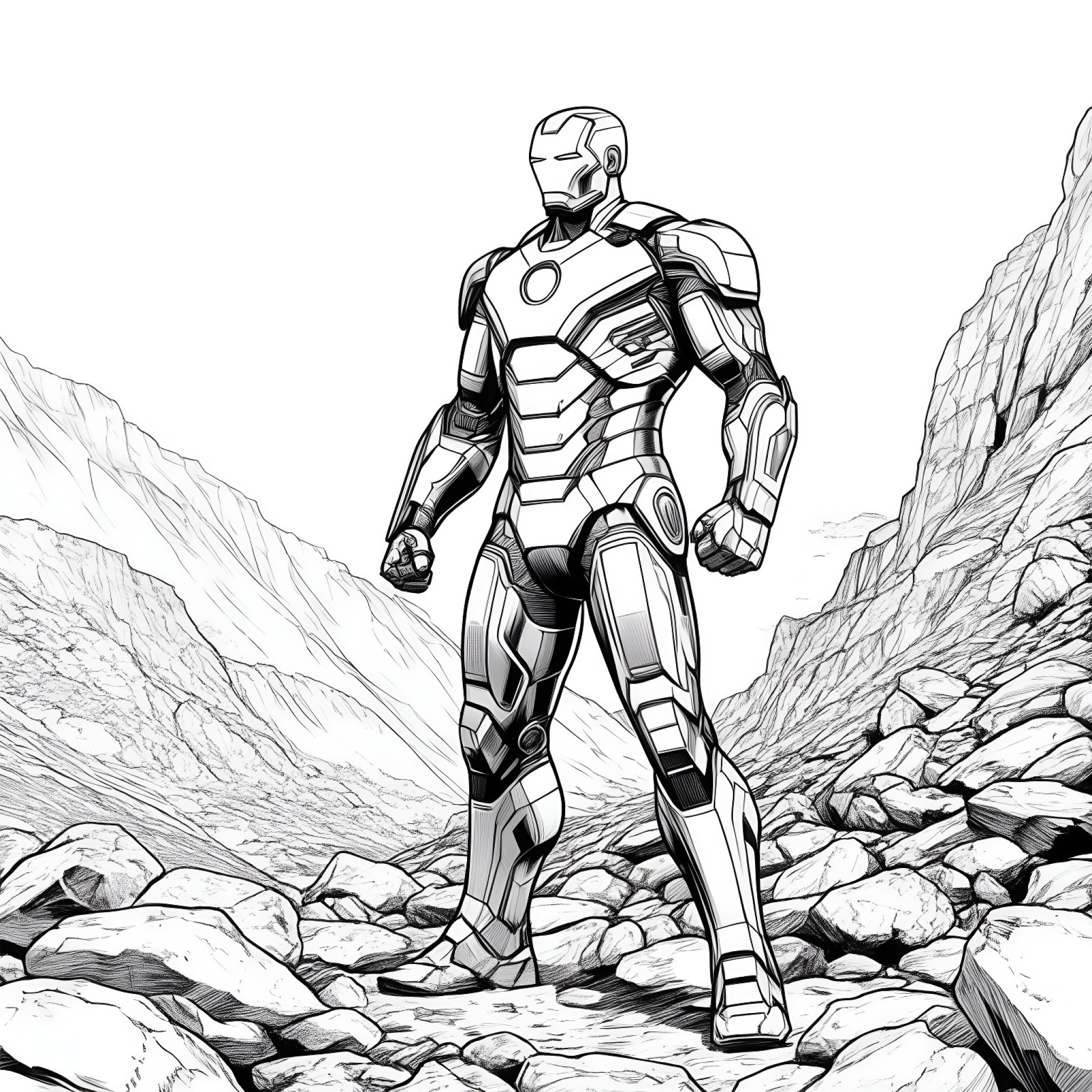Iron Man standing confidently on rocky terrain Coloring Page (free black-and-white line drawing printable PDF for all, from beginners to advanced learners, including children, teens, adults, and seniors)