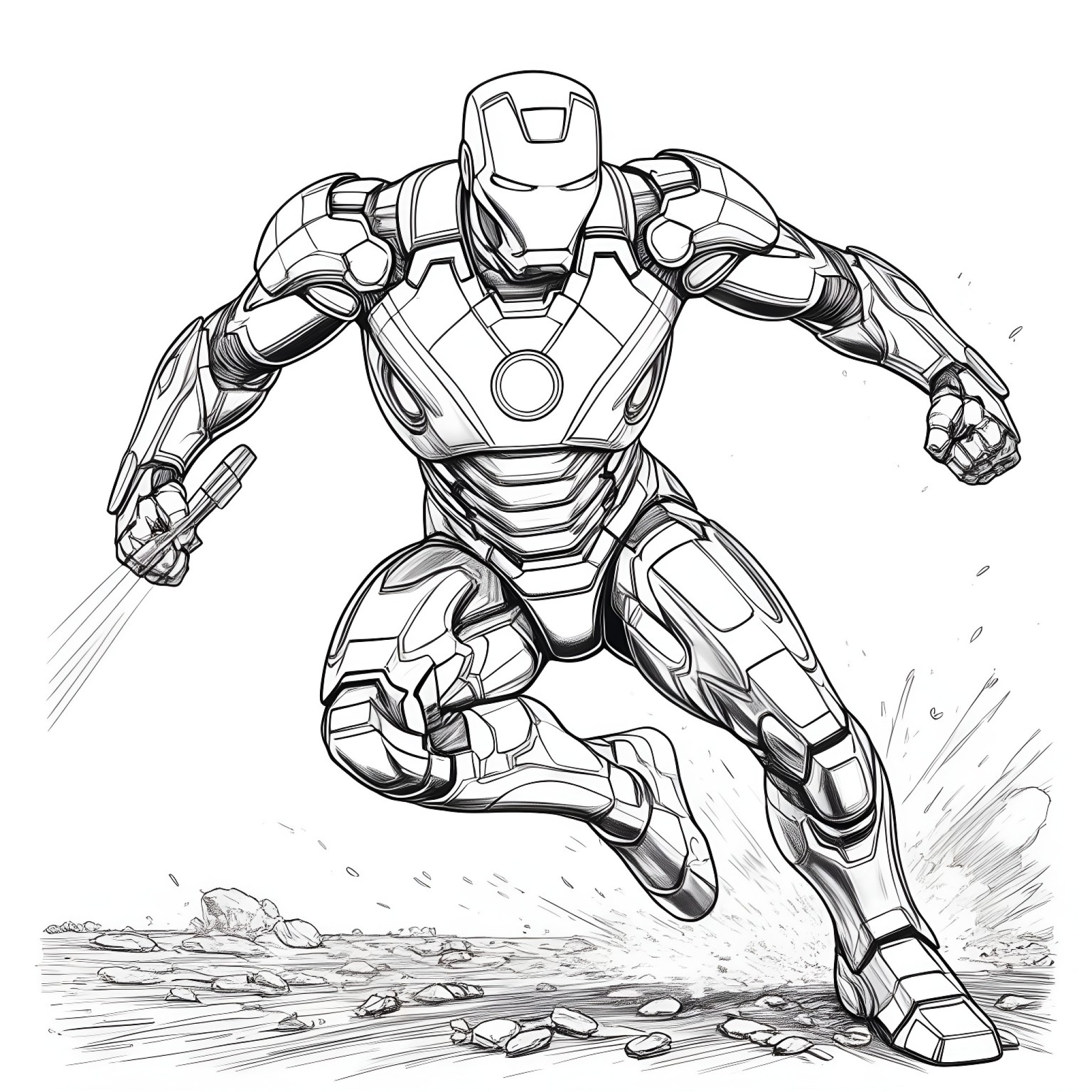 Iron Man in battle-ready pose Coloring Page (free black-and-white line drawing printable PDF for all, from beginners to advanced learners, including children, teens, adults, and seniors)
