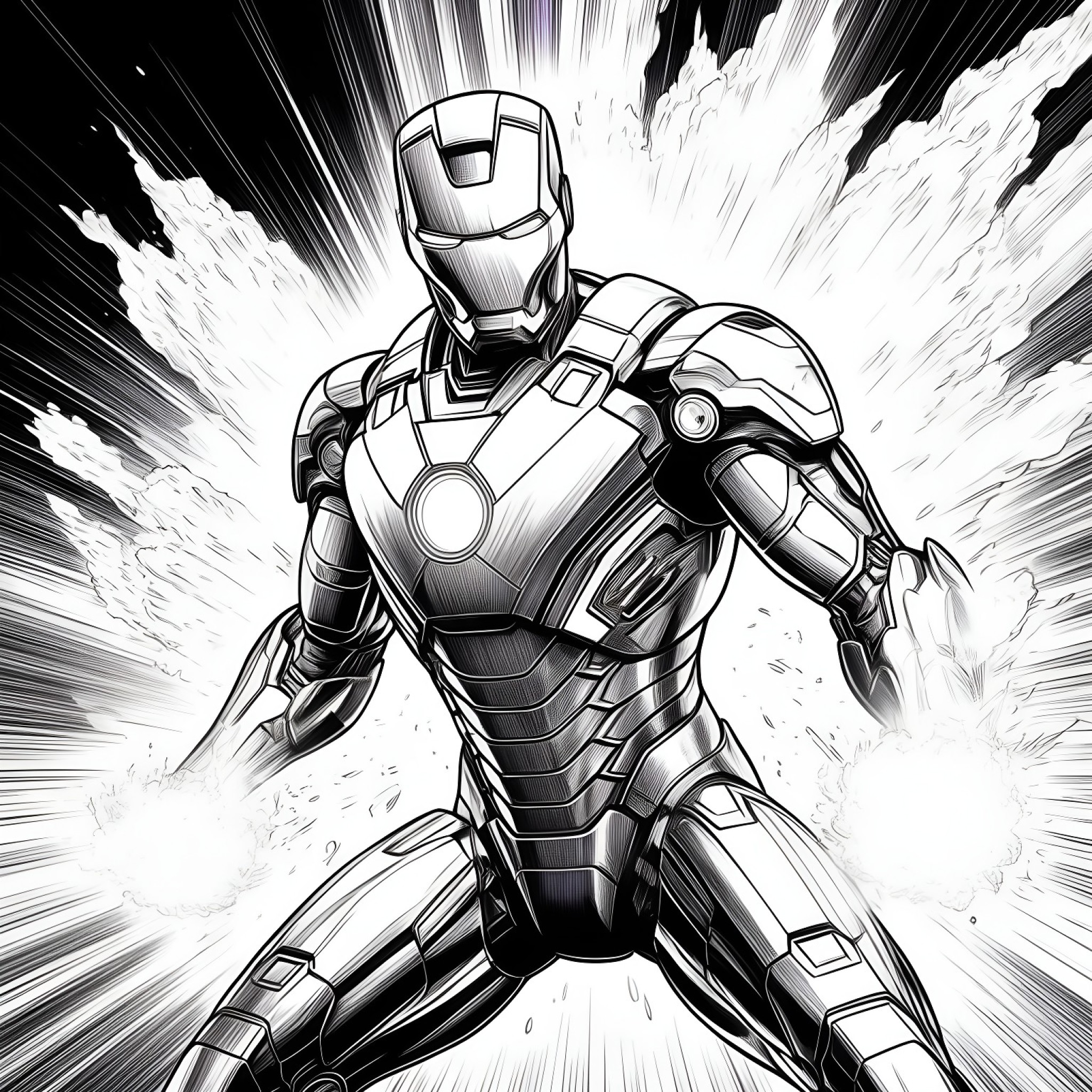 Iron Man with a fiery explosion in background Coloring Page (free black-and-white line drawing printable PDF for all, from beginners to advanced learners, including children, teens, adults, and seniors)
