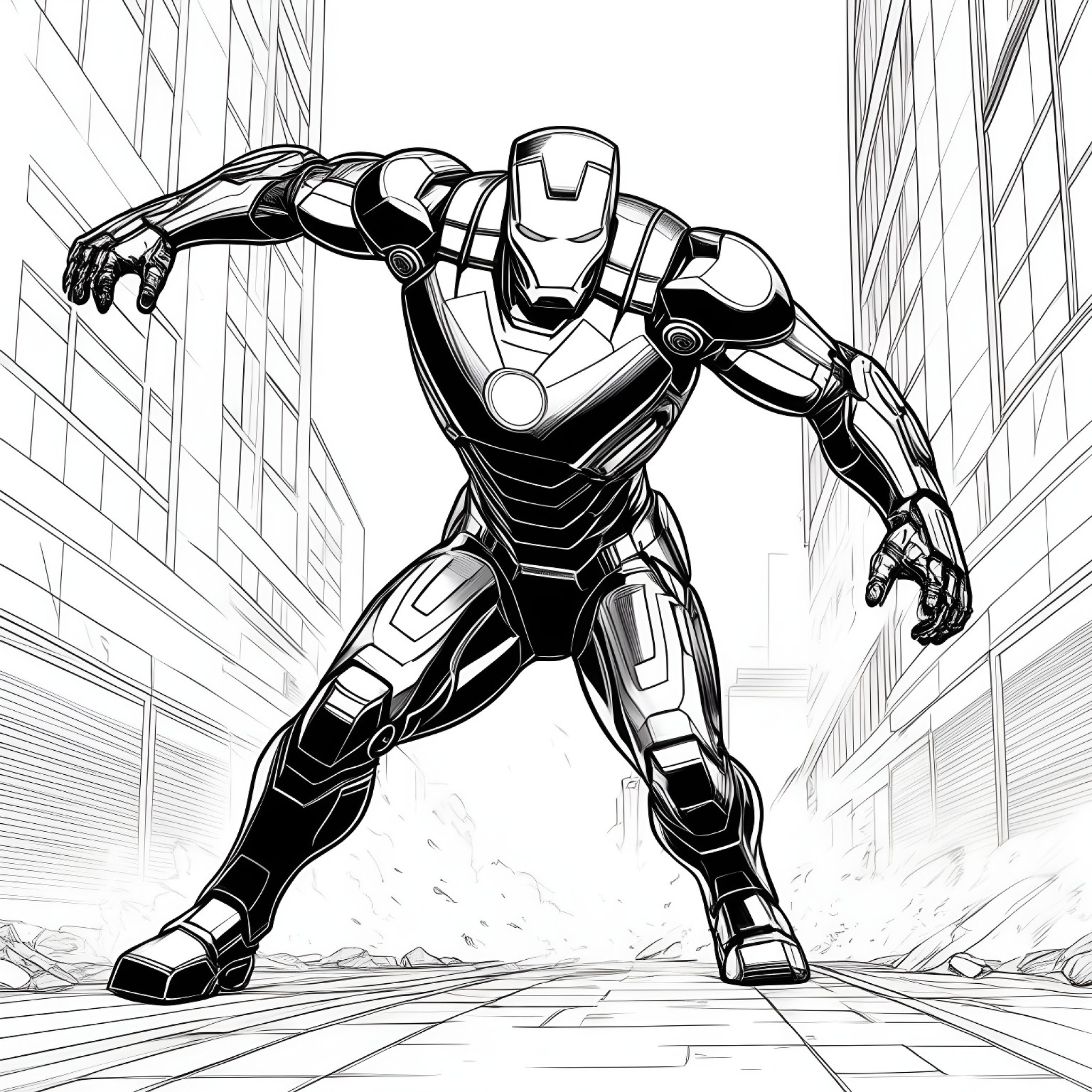 Iron Man in a dark suit Coloring Page (free black-and-white line drawing printable PDF for all, from beginners to advanced learners, including children, teens, adults, and seniors)