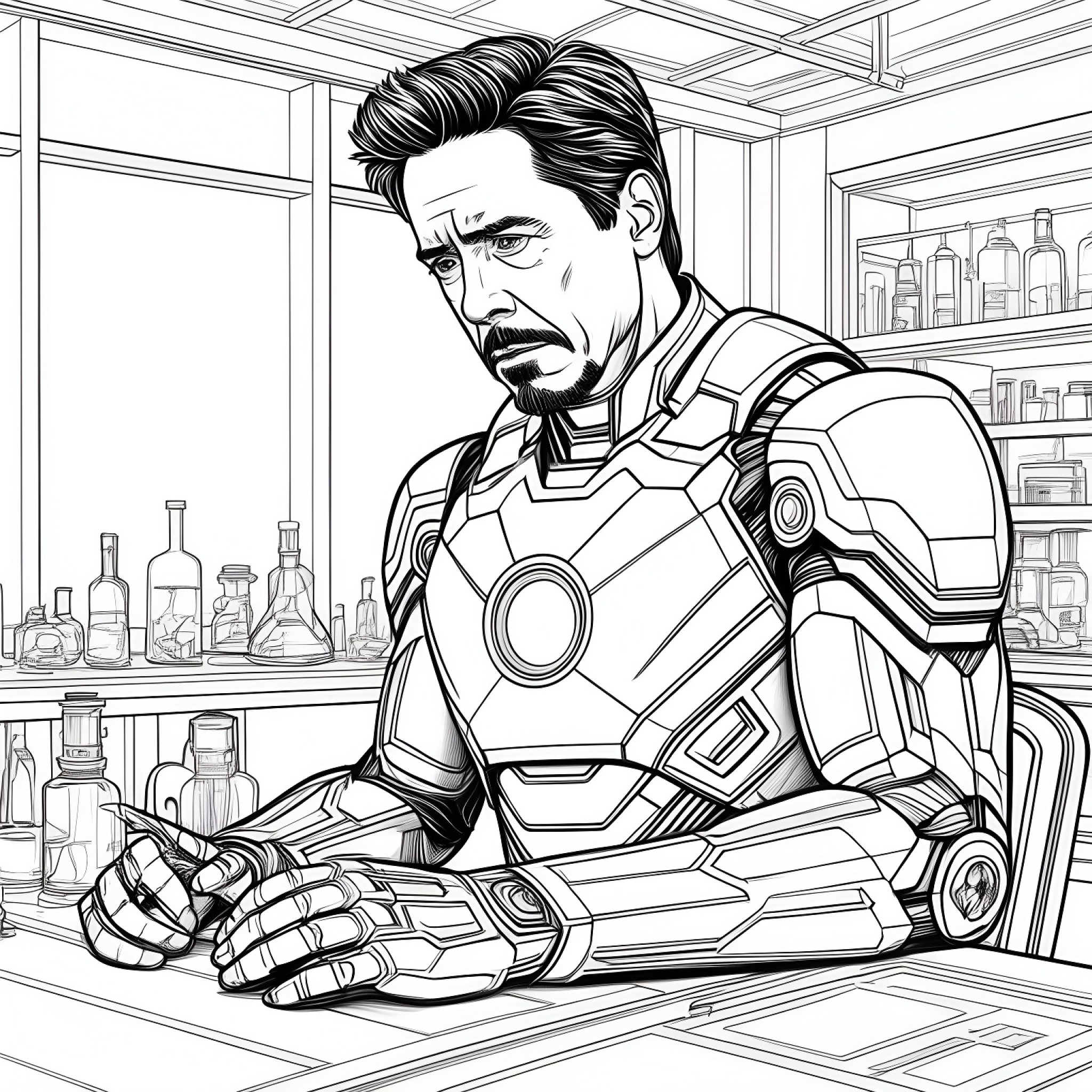 Iron Man looking contemplative Coloring Page (free black-and-white line drawing printable PDF for all, from beginners to advanced learners, including children, teens, adults, and seniors)
