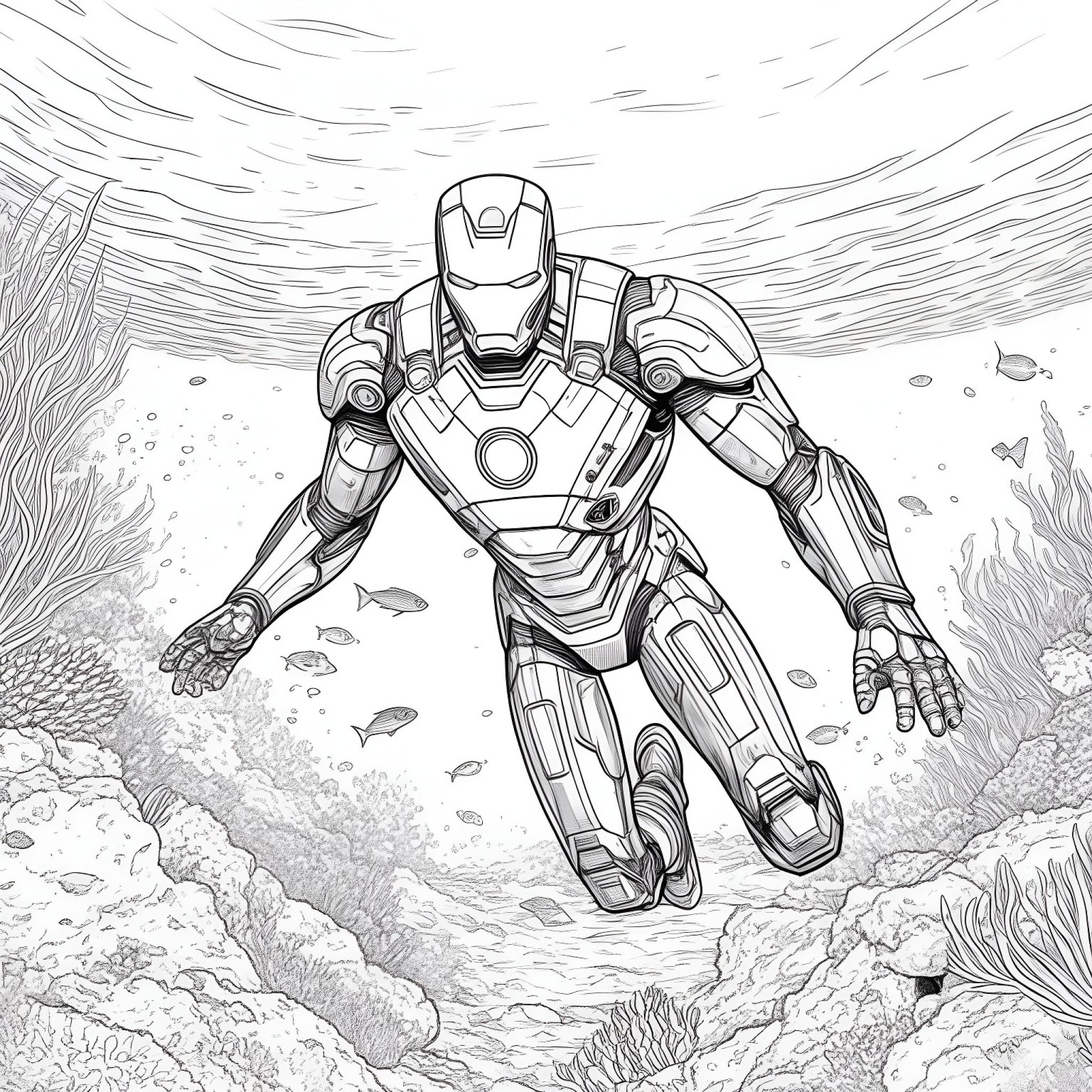 Iron Man underwater exploring the depths Coloring Page (free black-and-white line drawing printable PDF for all, from beginners to advanced learners, including children, teens, adults, and seniors)