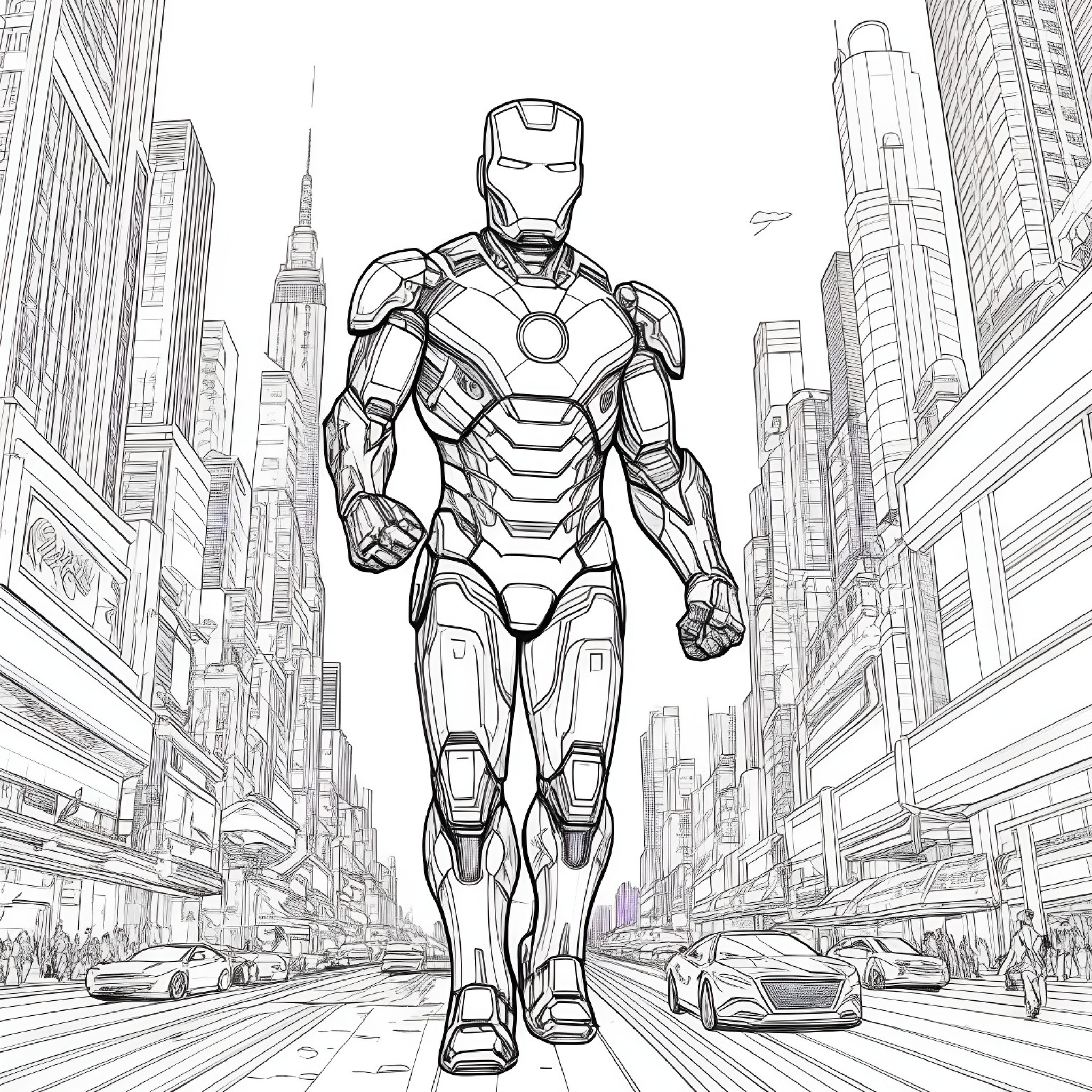 Iron Man in a futuristic metropolis Coloring Page (free black-and-white line drawing printable PDF for all, from beginners to advanced learners, including children, teens, adults, and seniors)